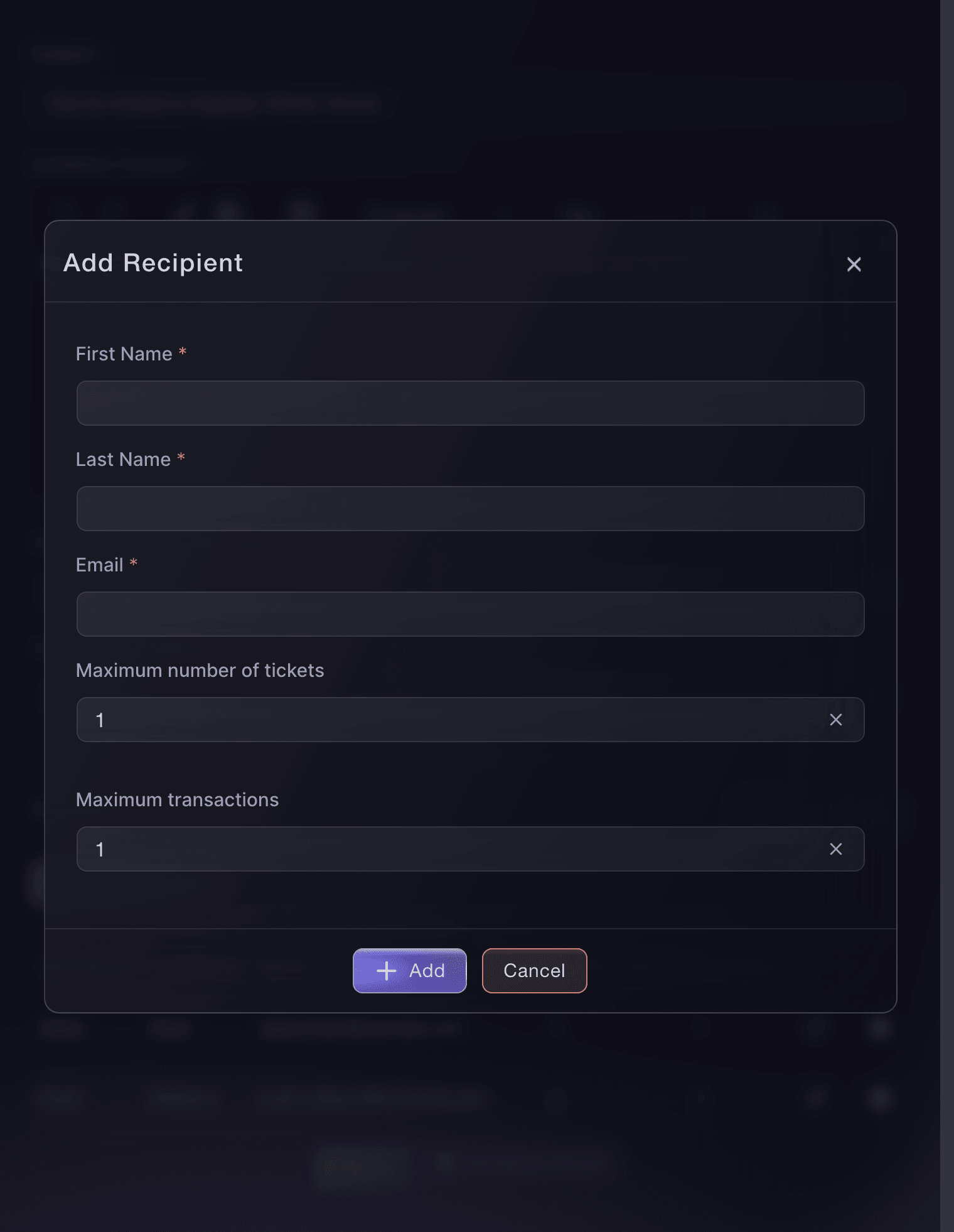 Ticket Fairy Add Recipient dialog with name, email, maximum tickets and maximum transactions fields