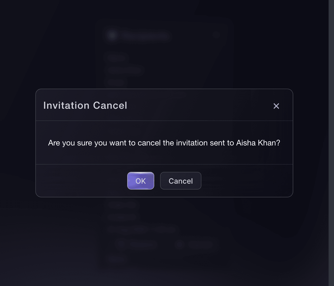 Ticket Fairy confirmation naming the recipient whose invitation will be cancelled