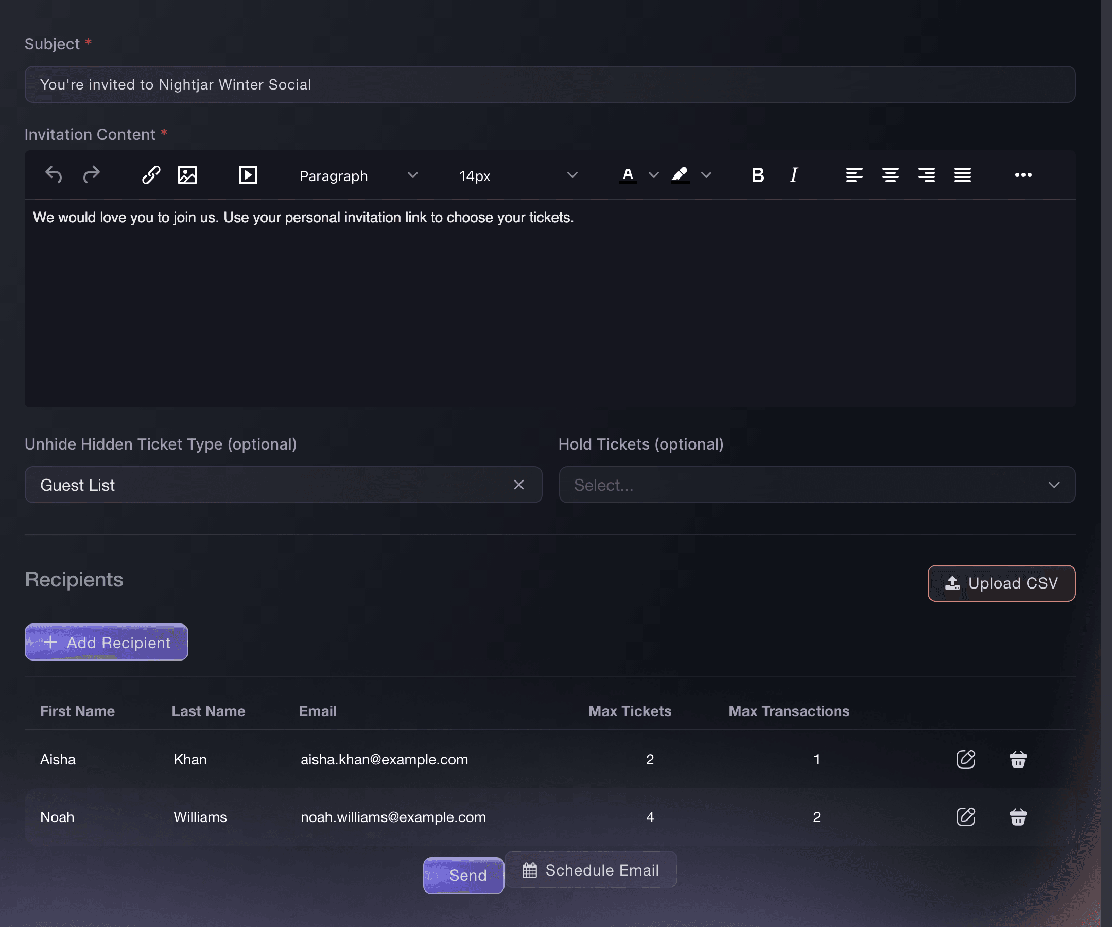 Ticket Fairy invitation form with Subject, Invitation Content, hidden-ticket access and two CSV recipients