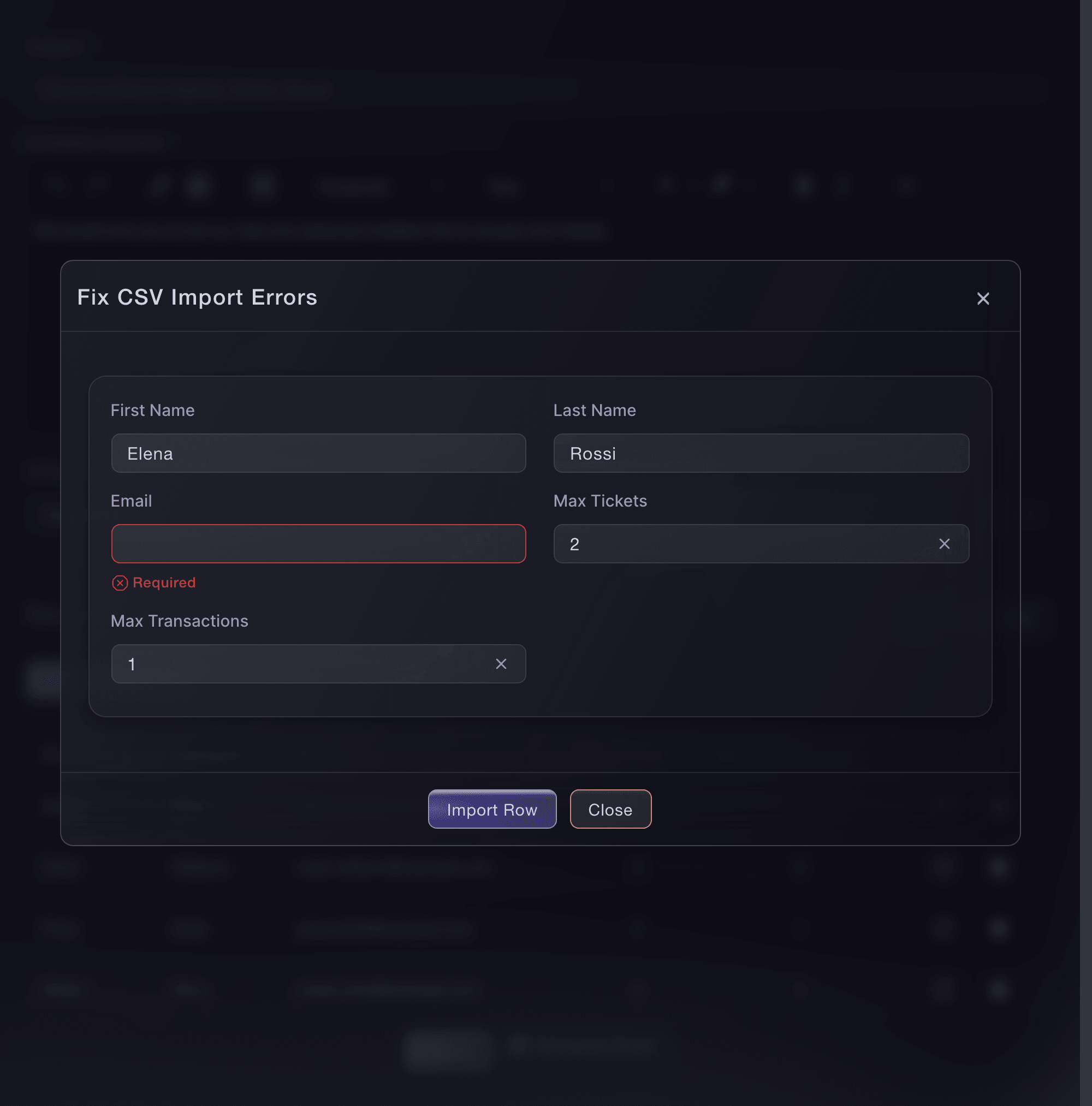 Ticket Fairy Fix CSV Import Errors dialog with a recipient row whose required email address is missing