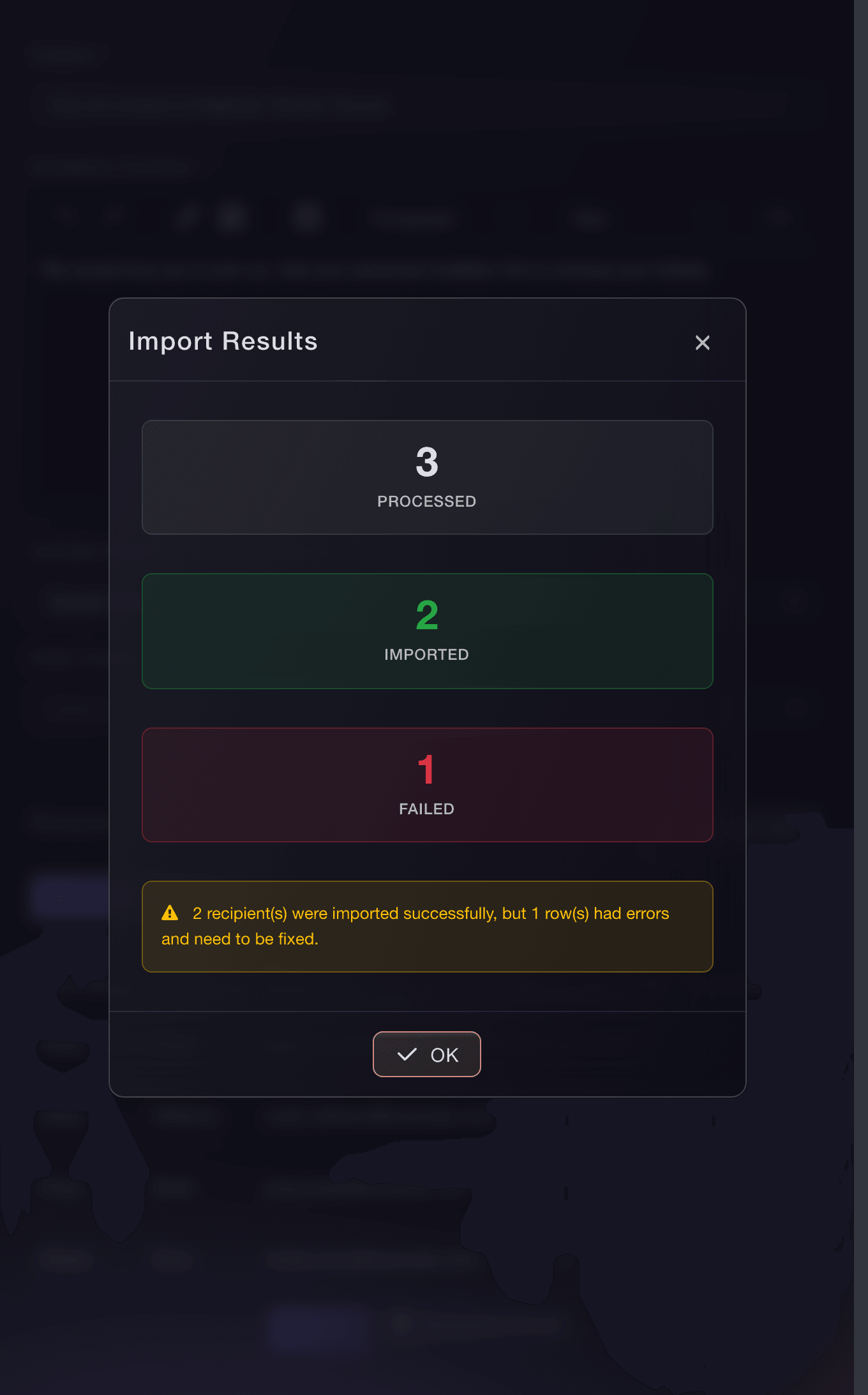 Ticket Fairy Import Results dialog showing three processed recipients, two imported and one failed