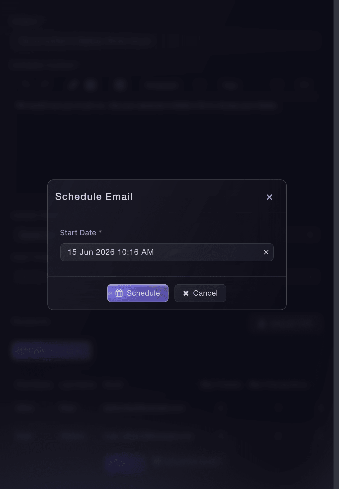 Ticket Fairy Schedule Email dialog with the event-local start date and Schedule action