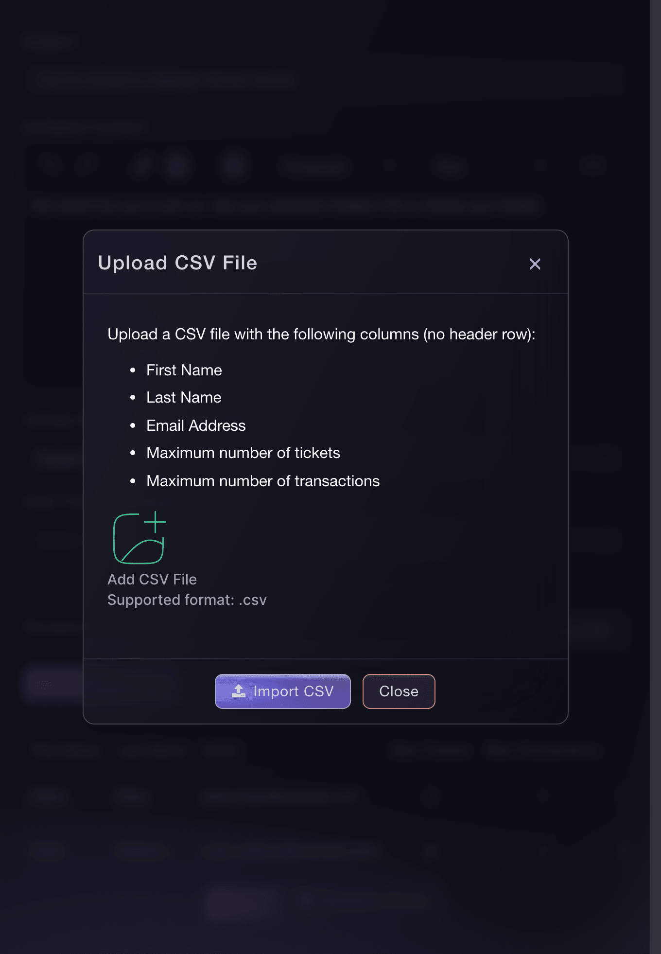 Ticket Fairy Upload CSV File dialog listing the five recipient columns and the Add CSV File area