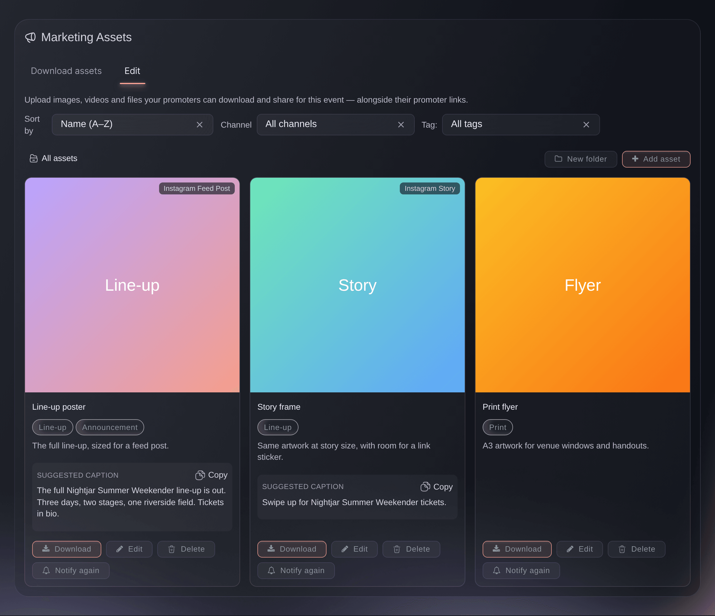 The Edit tab of a festival's Marketing Assets page, with three assets and the Add asset button