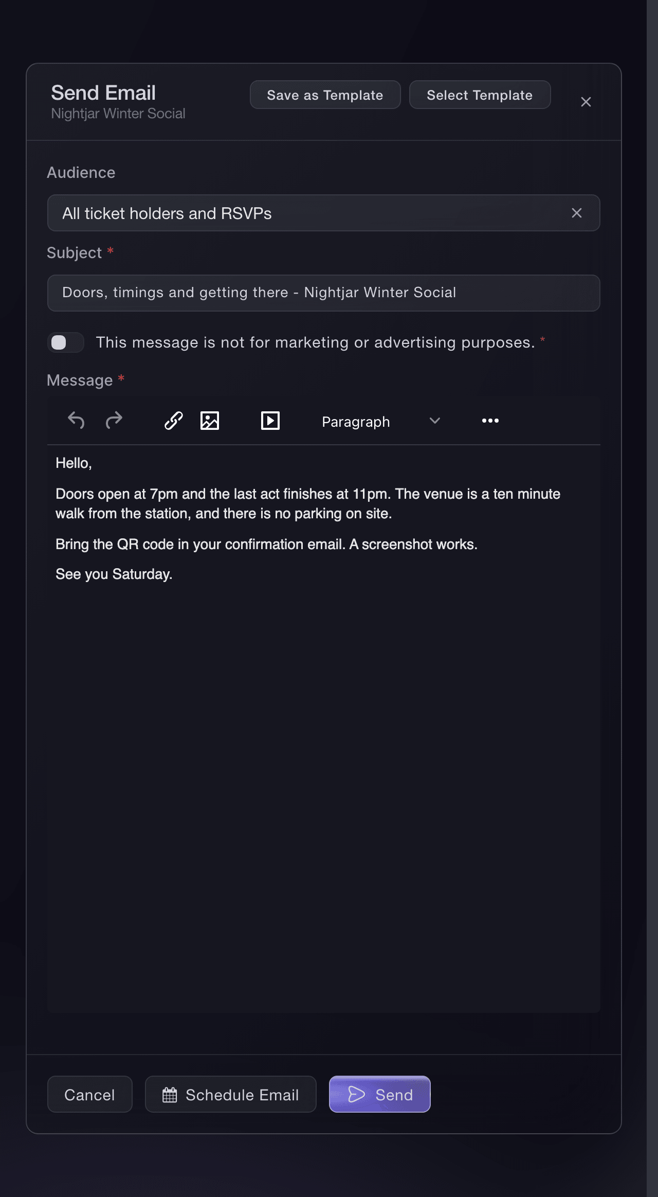 Ticket Fairy's email composer with the audience, subject and message ready to review