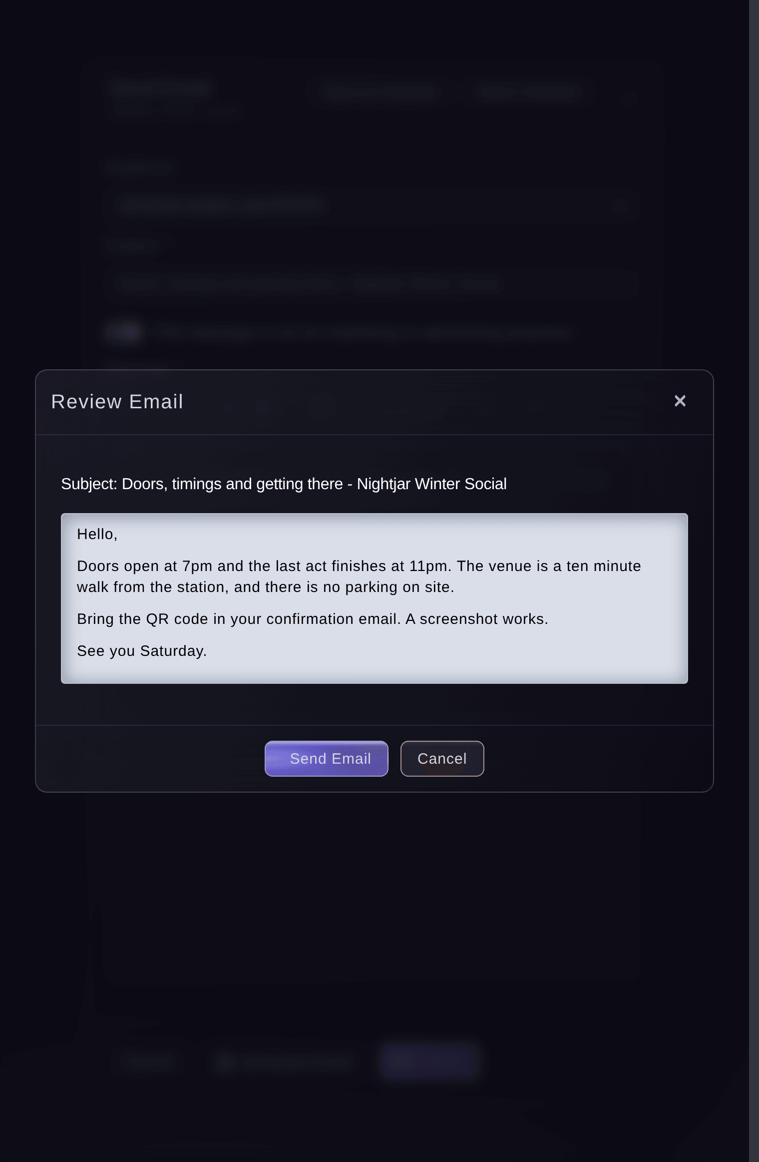 Ticket Fairy Review Email confirmation showing the subject and message before it is sent