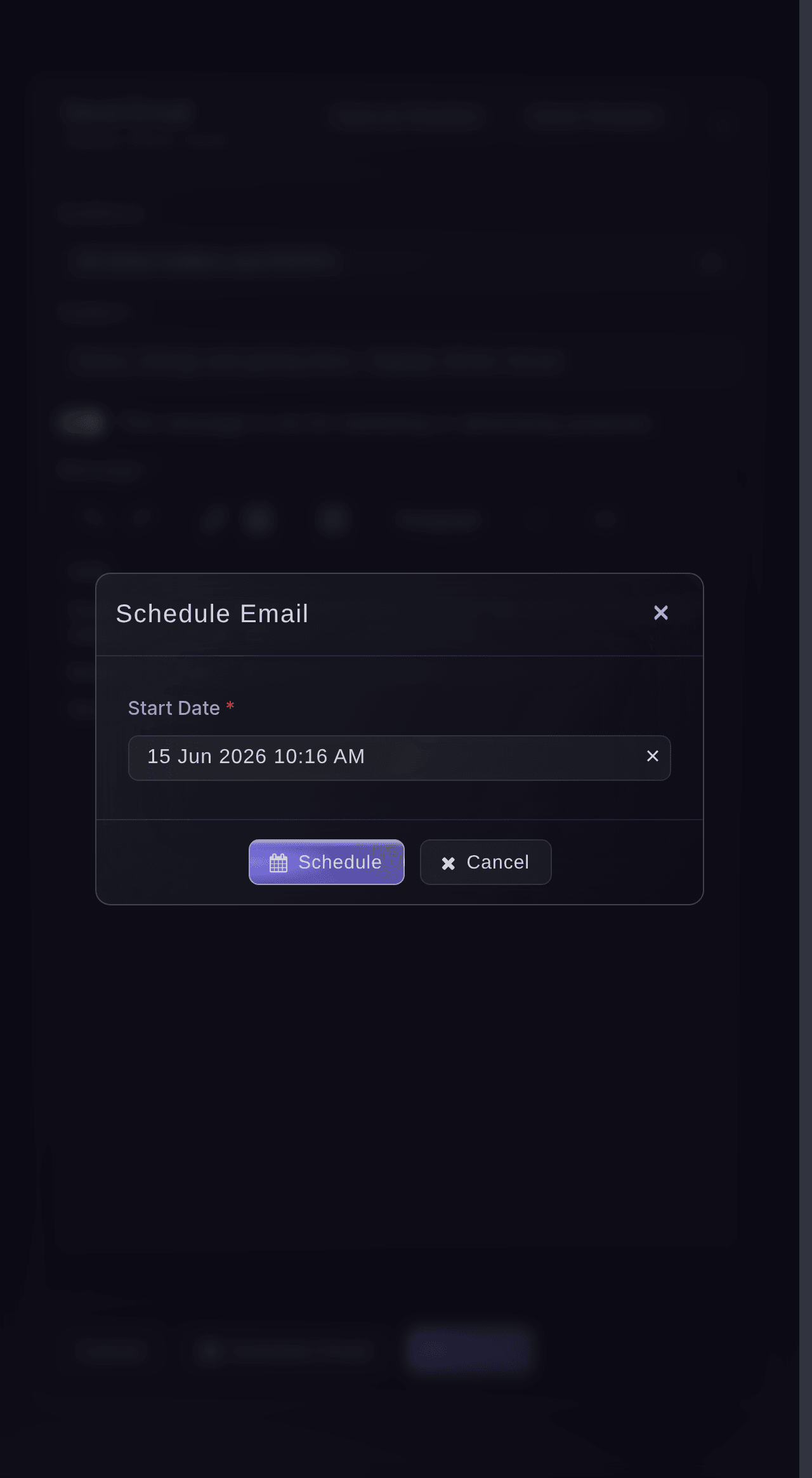 Ticket Fairy Schedule Email dialog with the date and time the message will be sent