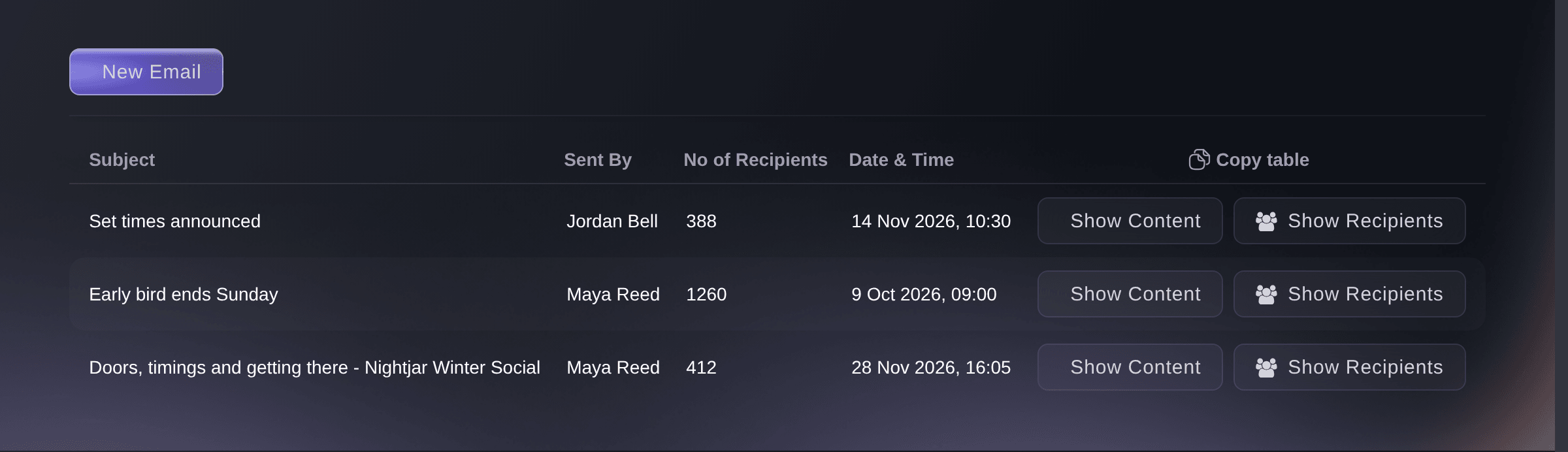 Ticket Fairy Email Messaging card listing the emails sent for an event, with sender, recipients and date