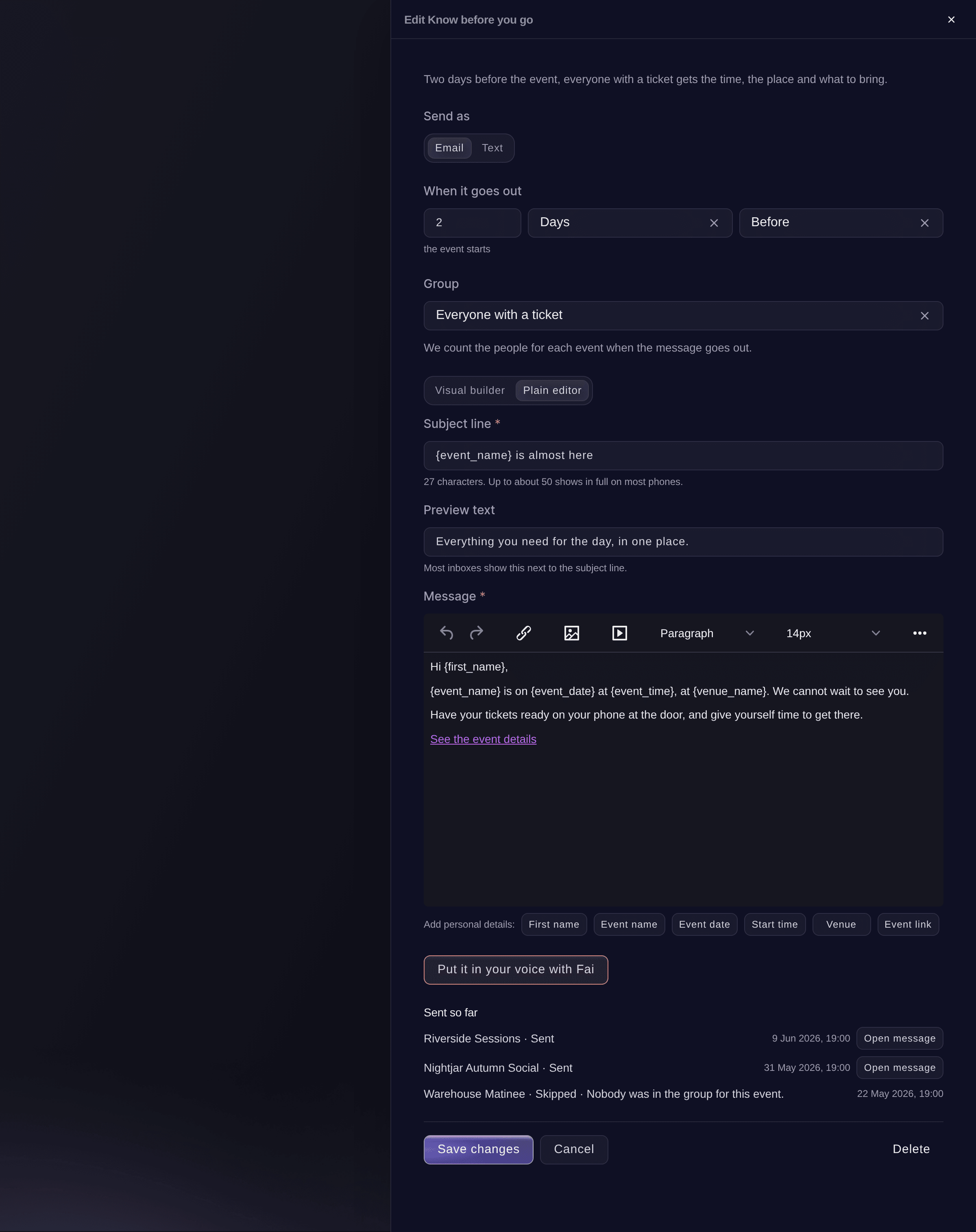 Ticket Fairy-panelet Rediger Godt at vide før du går med Sendt indtil nu, der viser to events, den blev sendt for, og ét, den sprang over