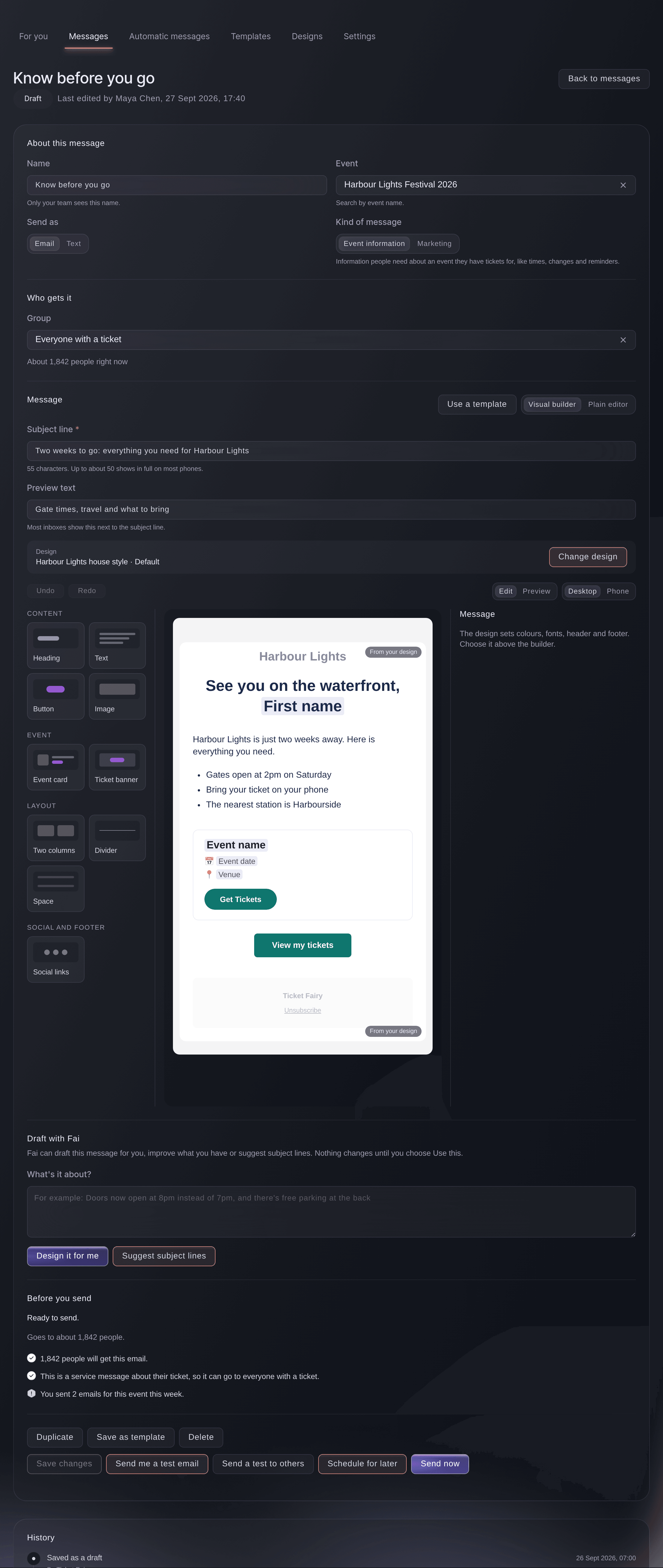 Ticket Fairy-beskededitoren med en e-mail i den visuelle editor, dens blokke, det brugte branddesign og Skift design