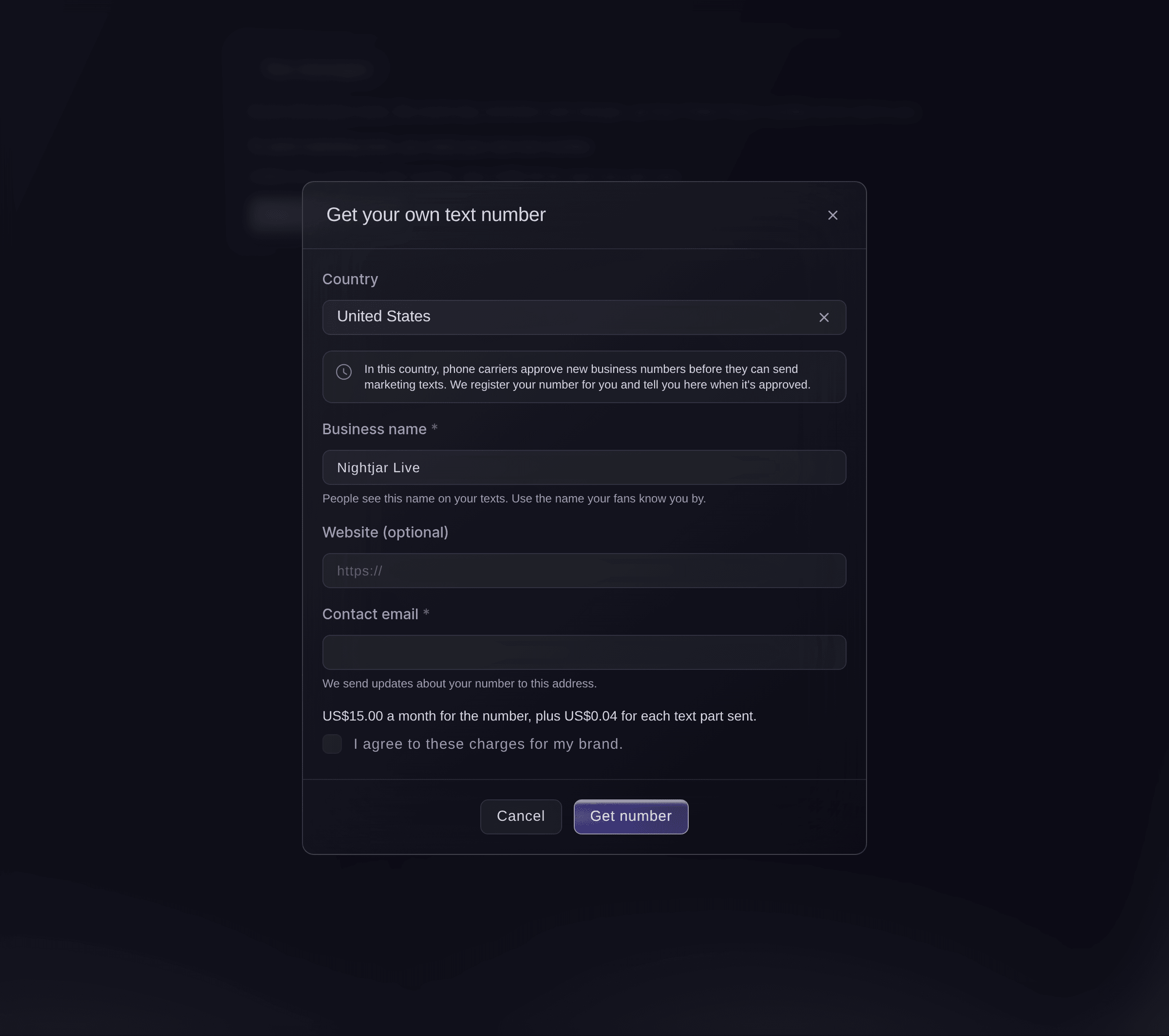 Ticket Fairy-dialogen F&aring; dit eget SMS-nummer med land, noten om godkendelse hos teleselskaberne, firmanavn, website, kontakt-e-mail og de priser, der skal accepteres