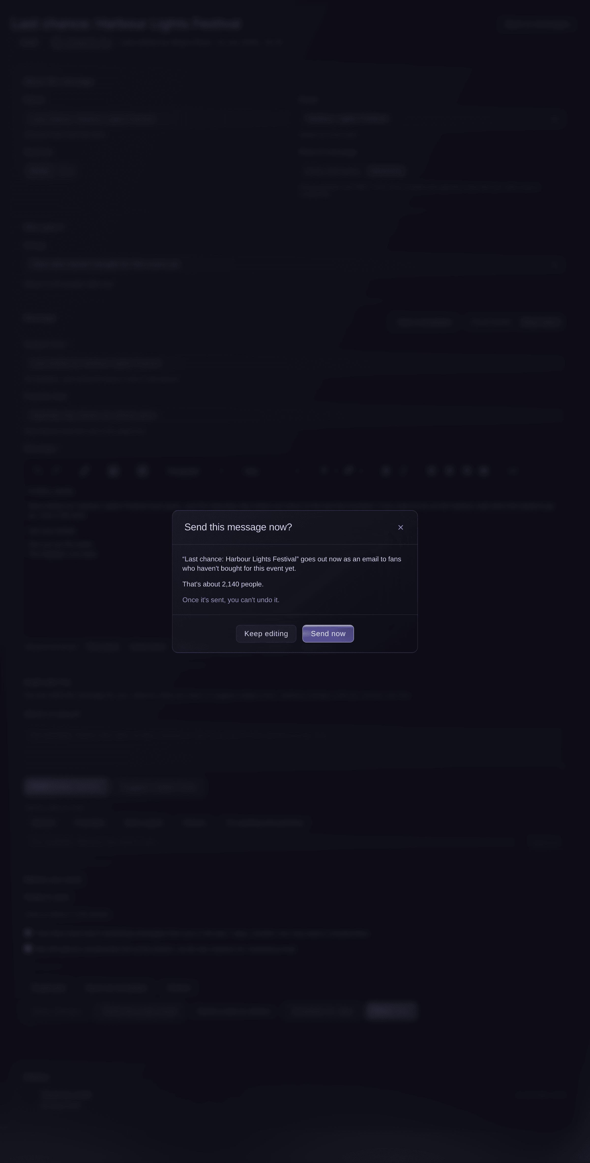 Ticket Fairy-dialogen Vil du sende denne besked nu? med beskeden, gruppen og cirka hvor mange personer den g&aring;r til