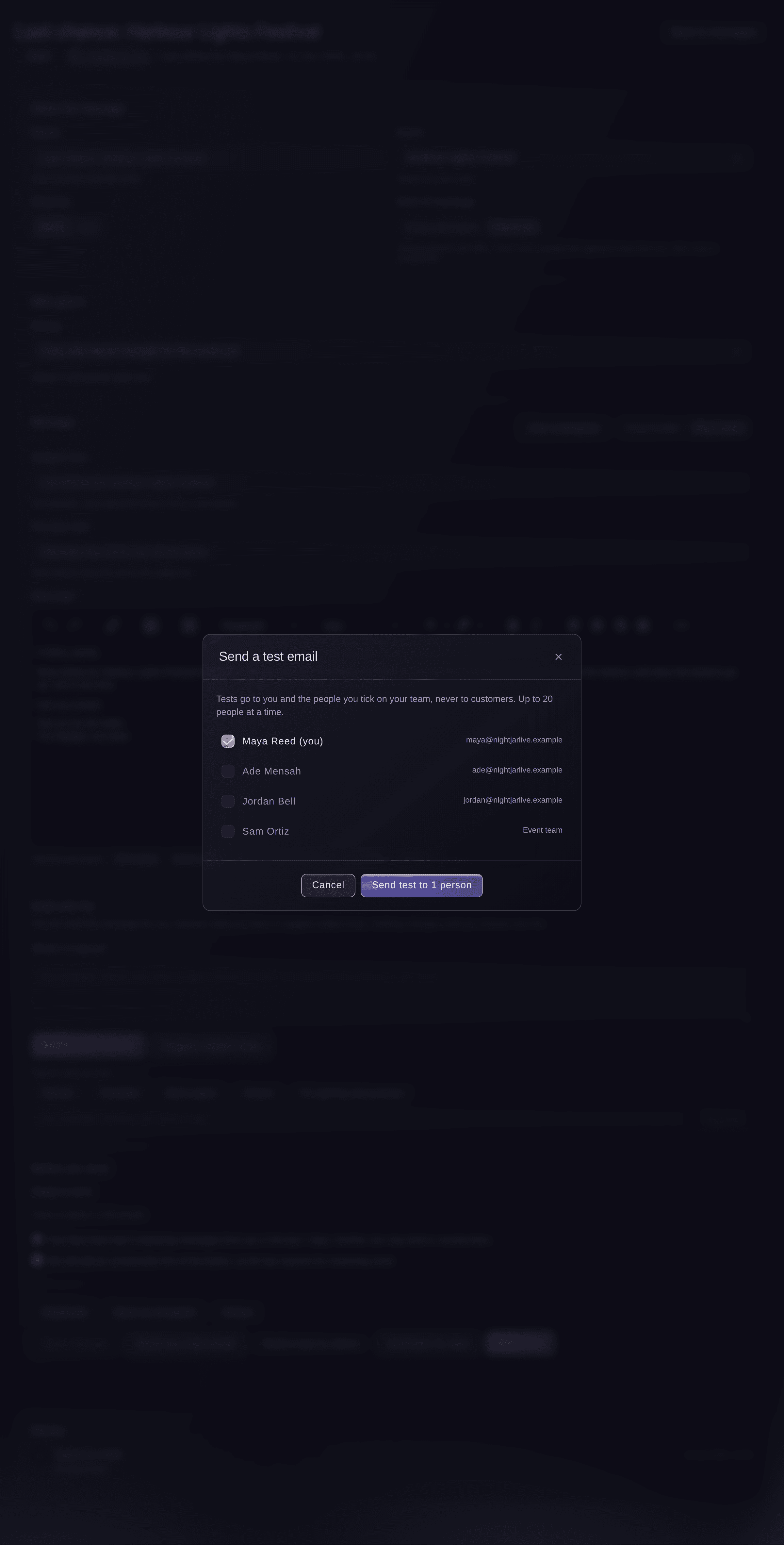 Ticket Fairy Send a test email dialog with you ticked first and the other people on the brand and event teams to choose