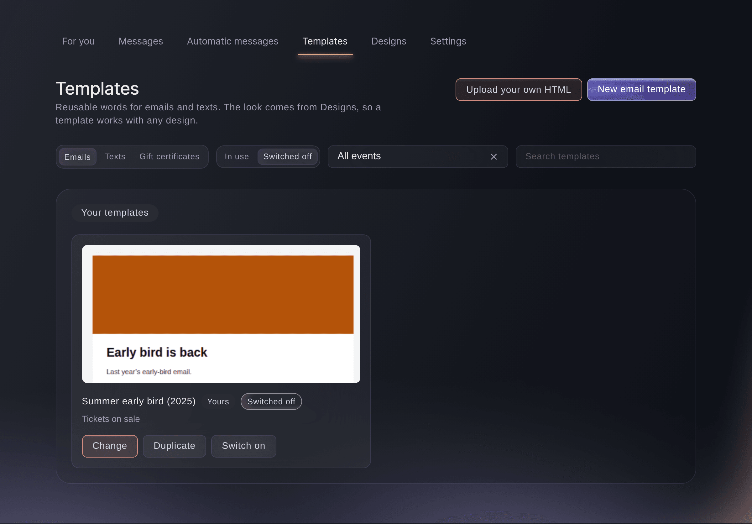 Ticket Fairy Messaging Templates showing a switched-off email template with Switch on