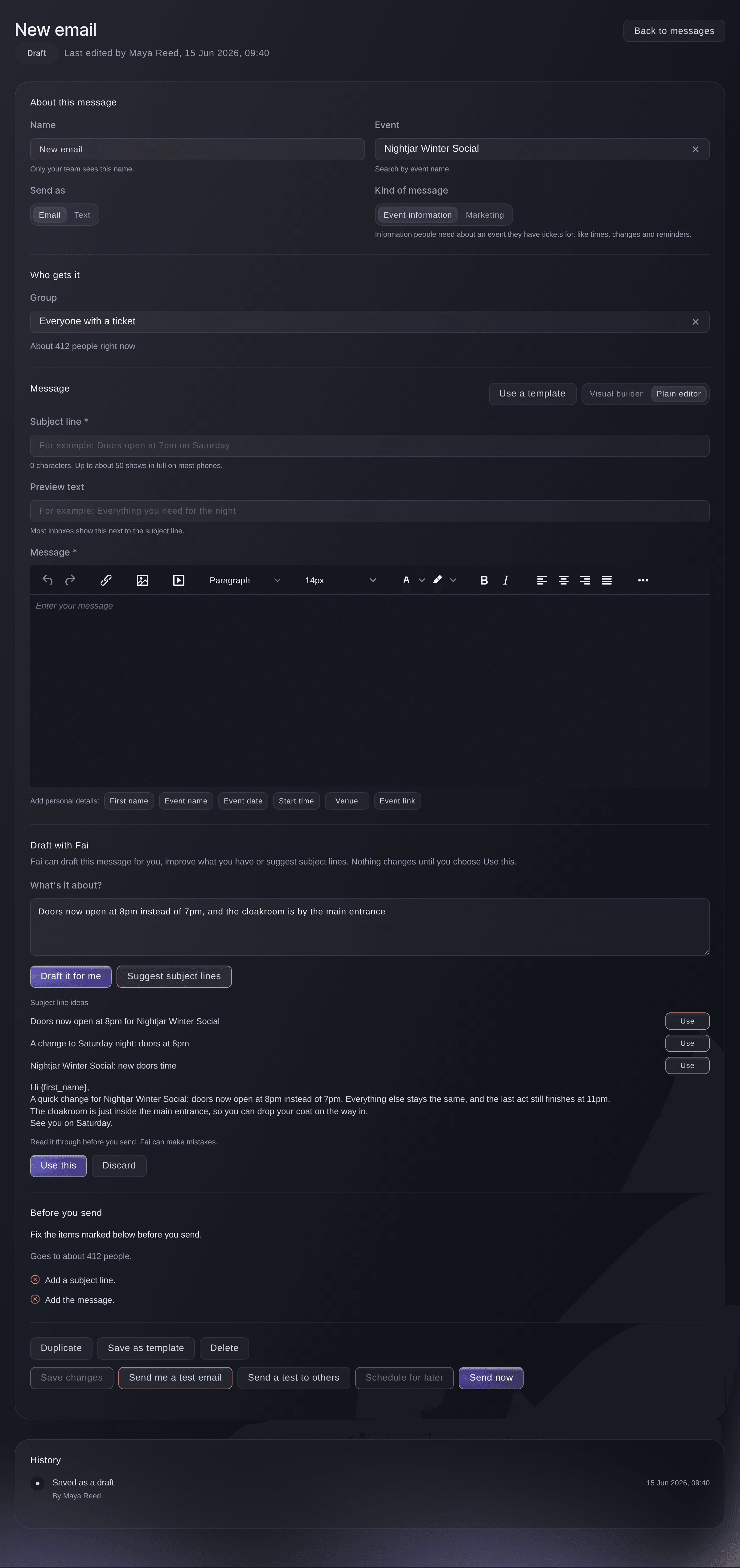 Ticket Fairy Fai-panelet under en ny e-mail med en beskrivelse af en ny d&oslash;r&aring;bning, tre id&eacute;er til emnelinjen og Fais udkast til e-mailen med Brug dette og Kass&eacute;r