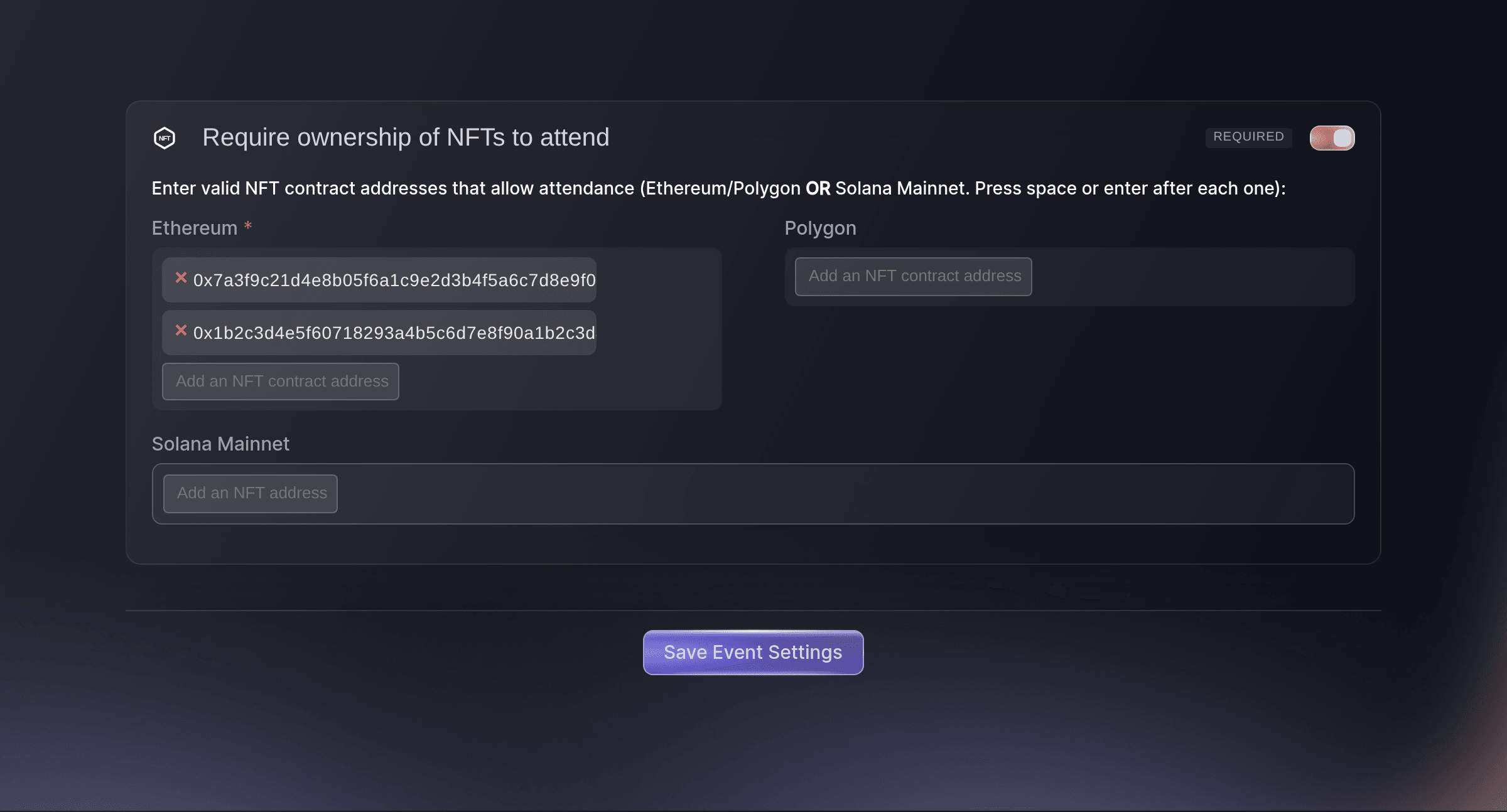 Ticket Fairy Event Settings card Require ownership of NFTs to attend, turned on with two Ethereum contract addresses and Save Event Settings below