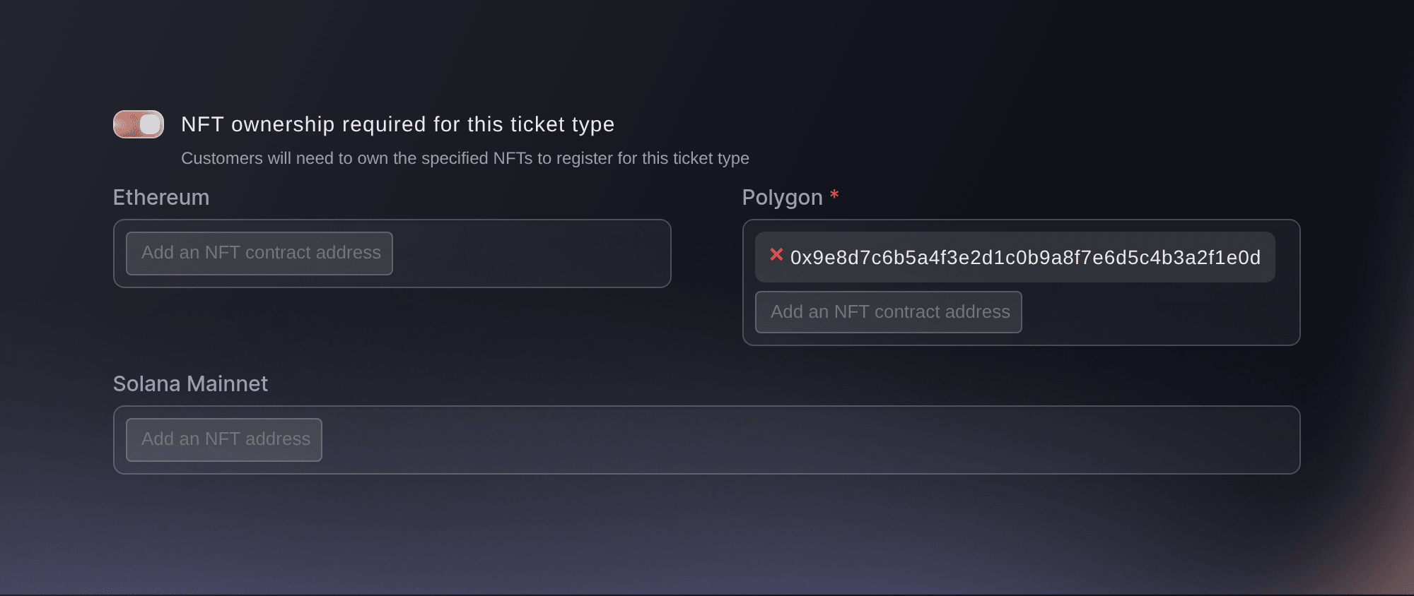 Ticket Fairy ticket type options with NFT ownership required for this ticket type turned on and one Polygon contract address
