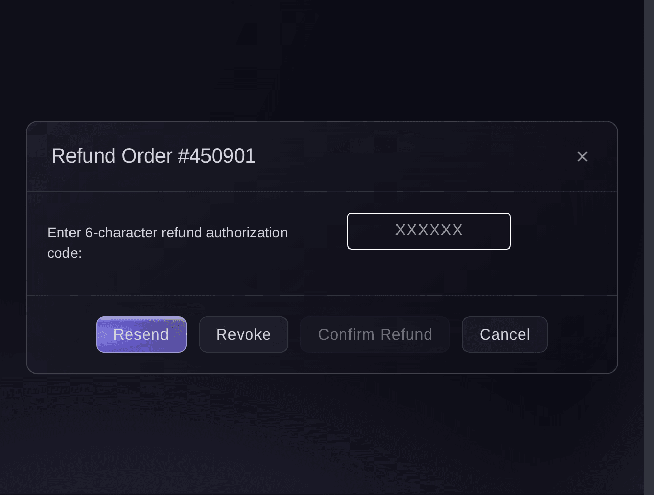 Ticket Fairy refund authorisation dialog with the six-character code field and the Confirm Refund button