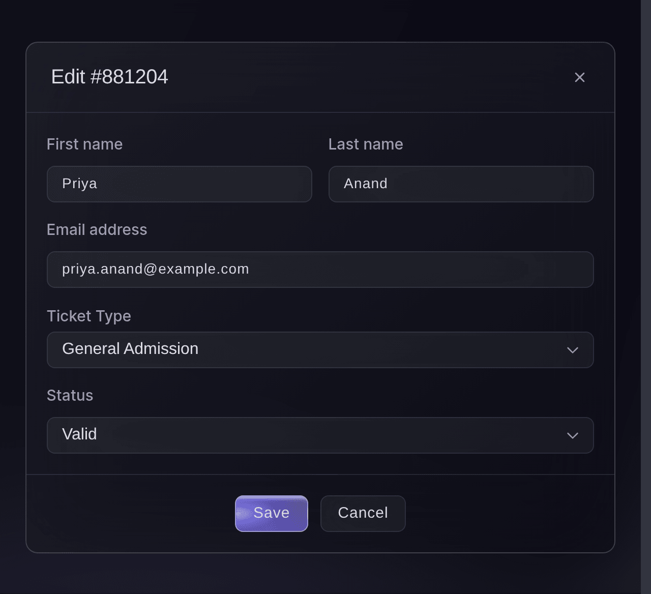 Ticket Fairy Edit Ticket dialog with the holder's name, email address, ticket type and status