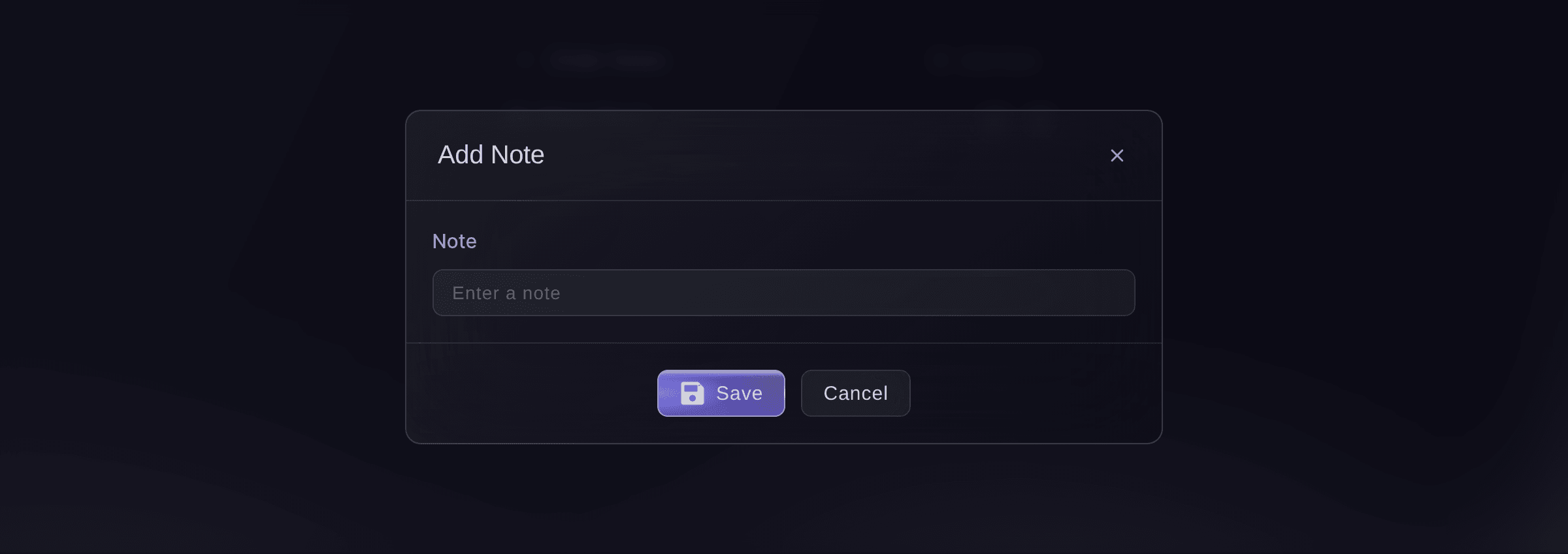 Ticket Fairy Add Note dialog with an empty Note field, Save and Cancel