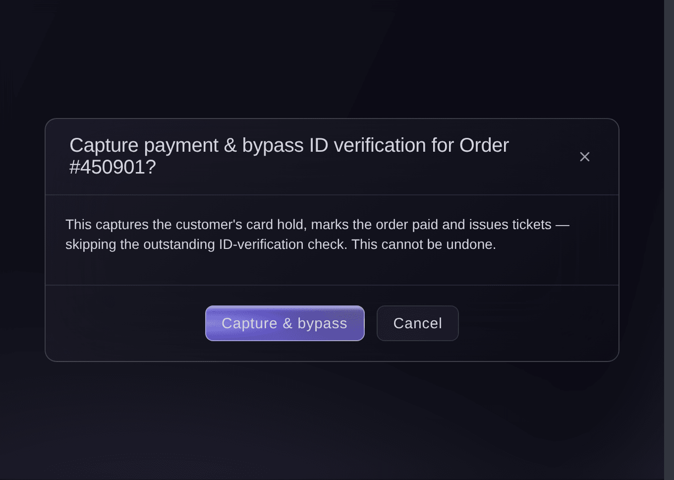 Ticket Fairy confirmation before a card hold is captured without the ID check, warning that it cannot be undone
