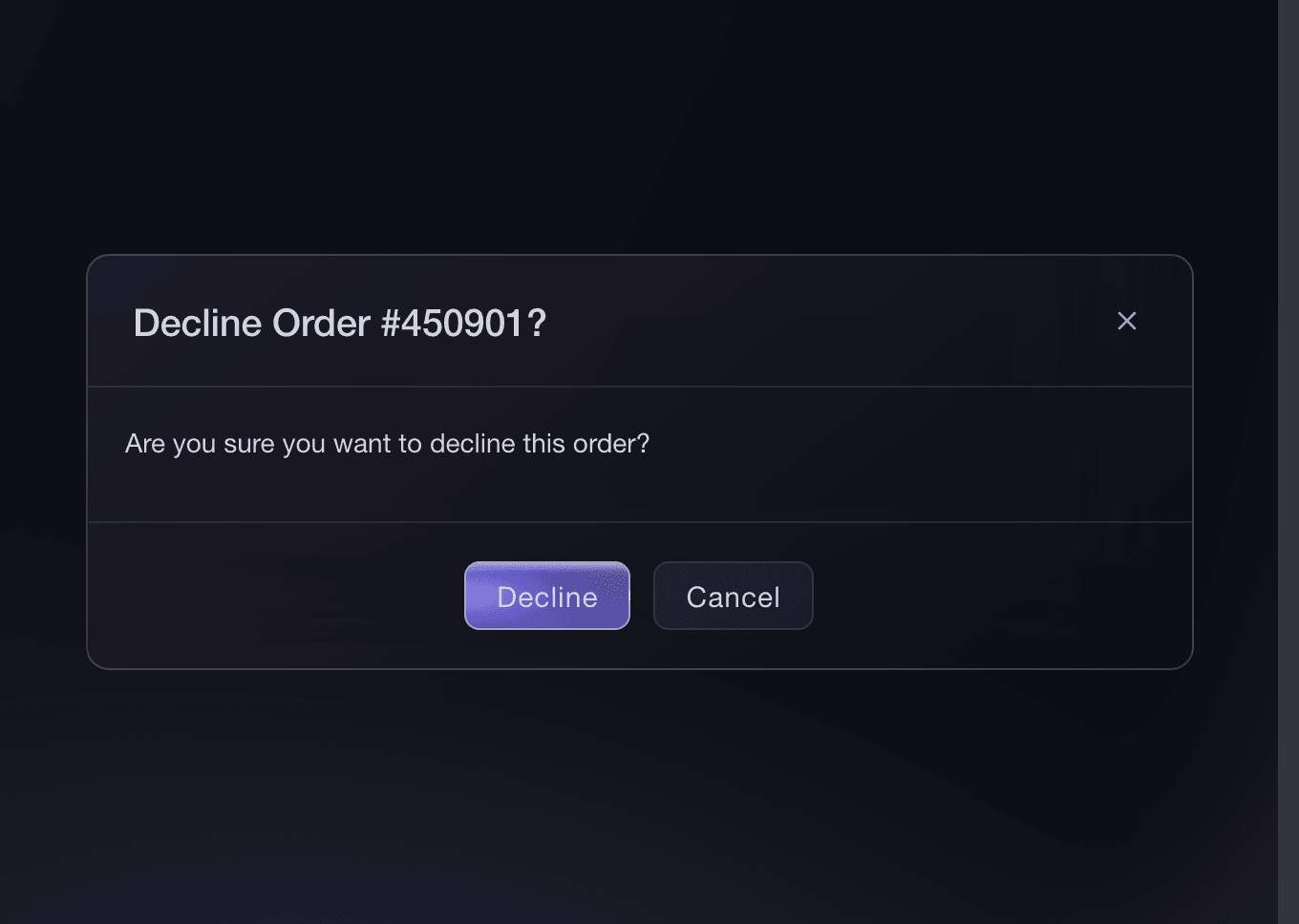 Ticket Fairy confirmation asking whether to decline Order 450901