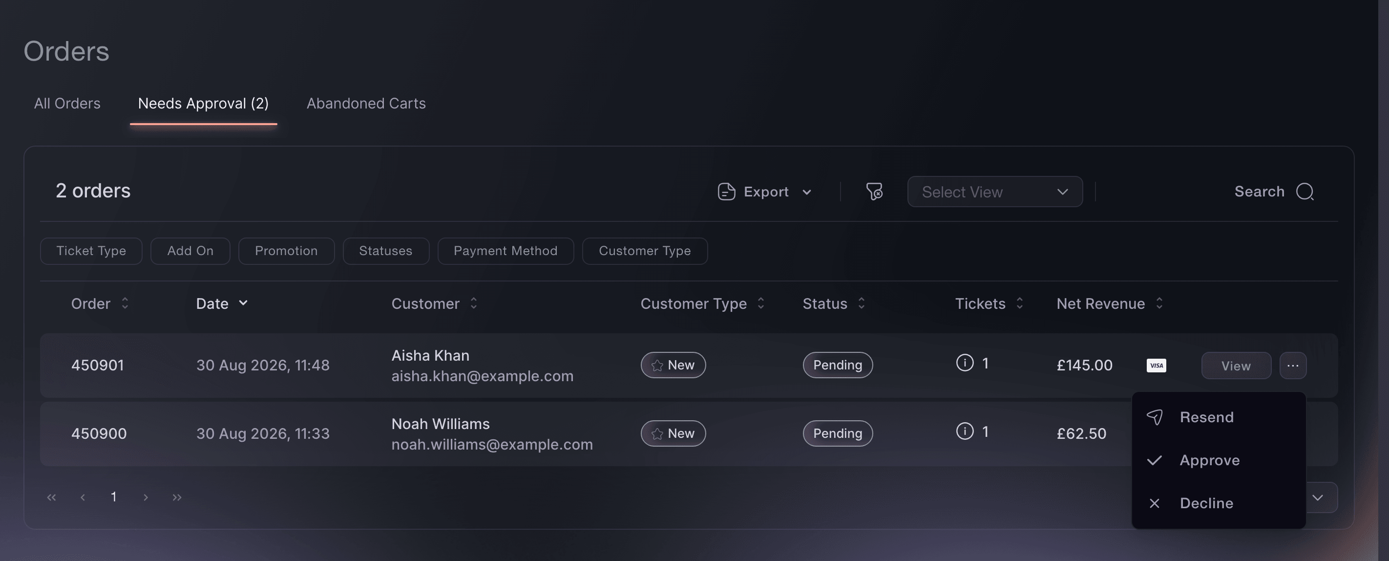 Ticket Fairy pending-order approval with Approve and Decline actions shown