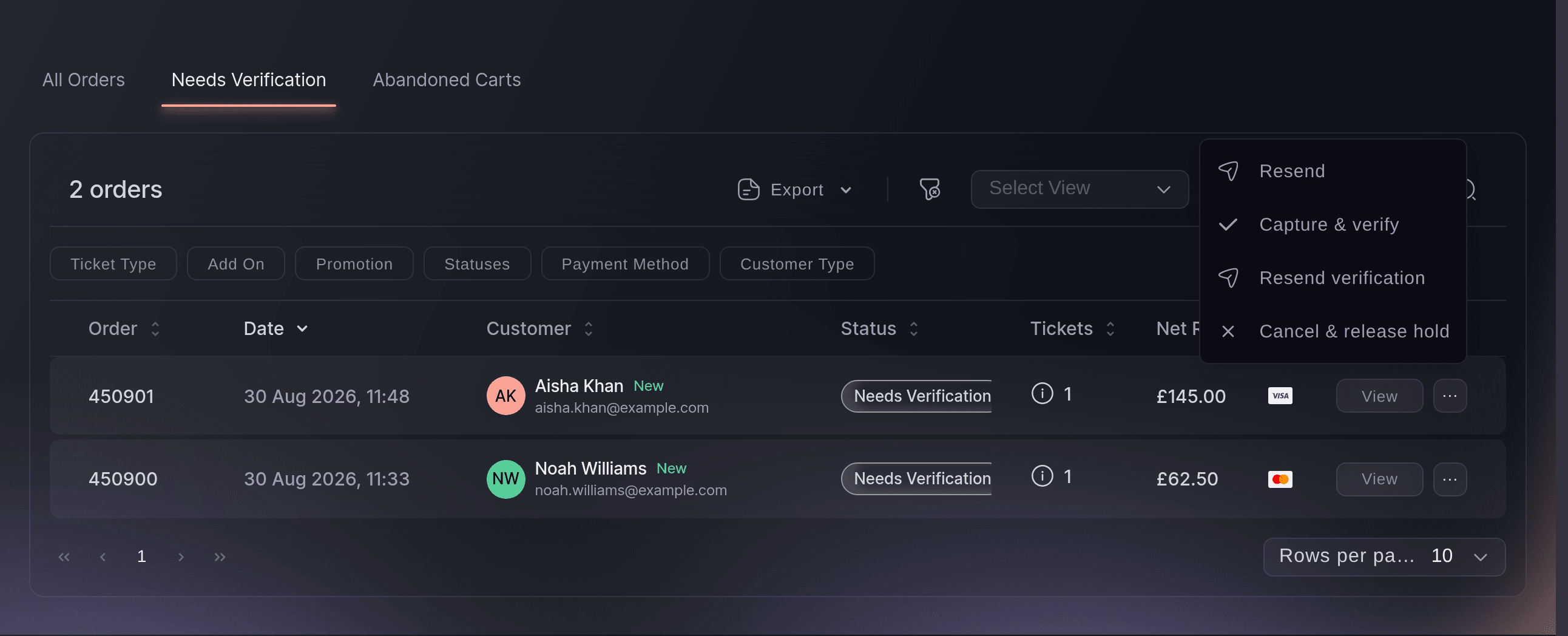 Ticket Fairy Orders page on the Needs Verification tab with two held orders and the row menu open