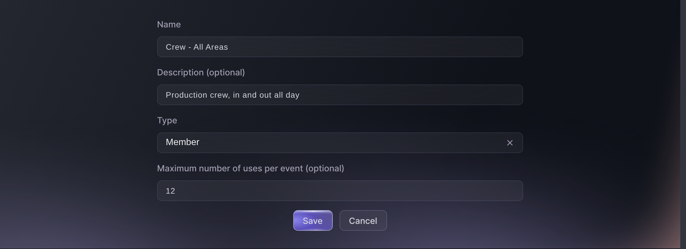 The Create Pass Type dialog, with a crew pass named and its number of uses per event filled in