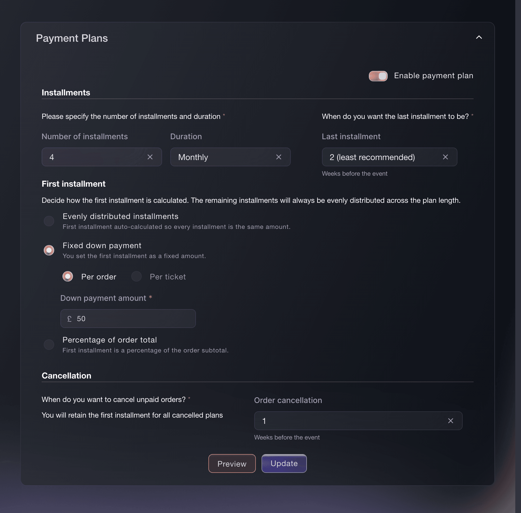 Ticket Fairy payment plan settings with the deposit, instalments and cancellation grace period