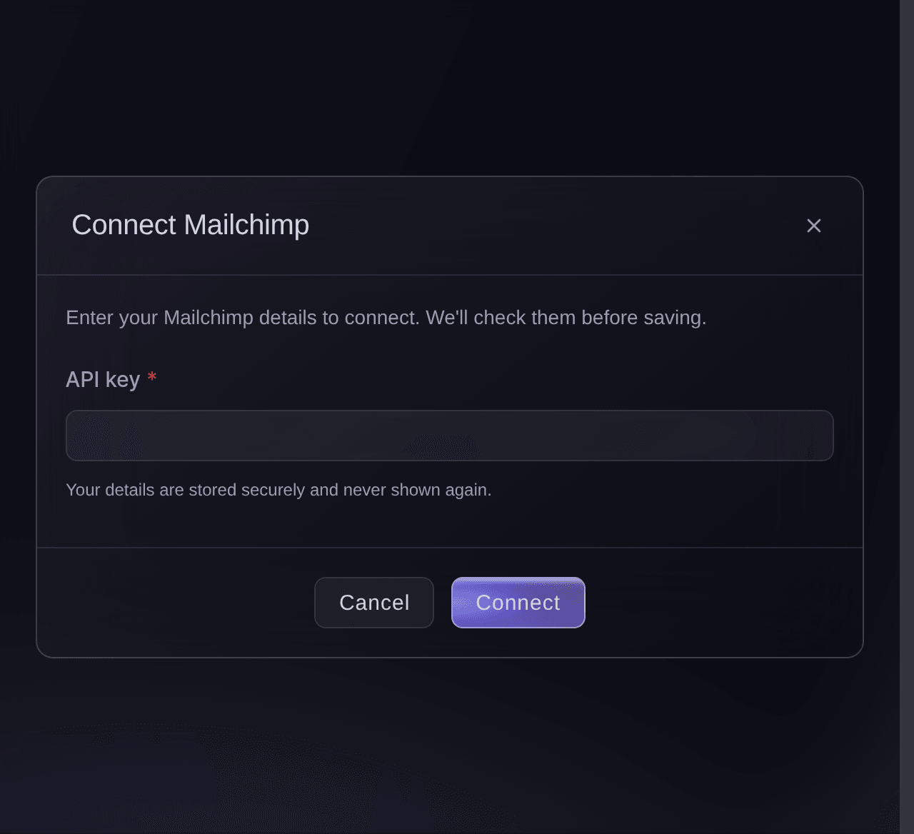 Ticket Fairy Connect Mailchimp dialog with the API key field