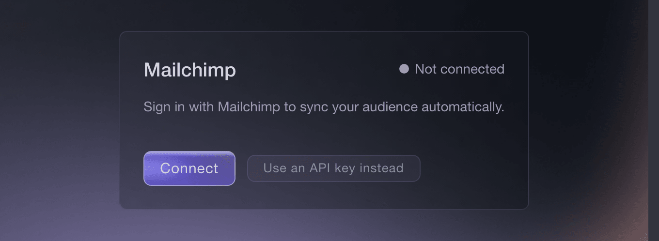 Marketing Integrations card for connecting an email platform