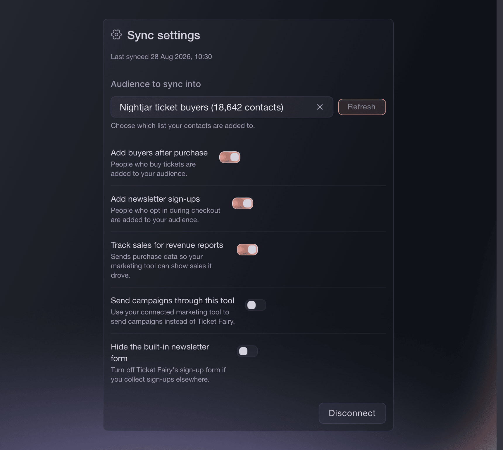 Marketing integration audience picker and automatic sync settings