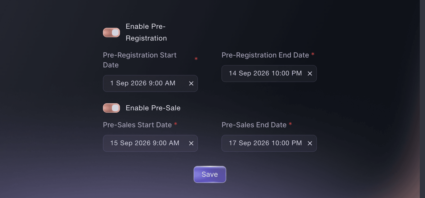 Pre-registration and presale date settings for an event