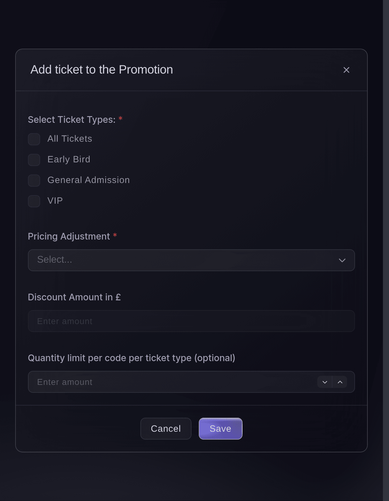 Ticket Fairy Add ticket to the Promotion dialog, with the ticket types to choose, the Pricing Adjustment and the discount amount