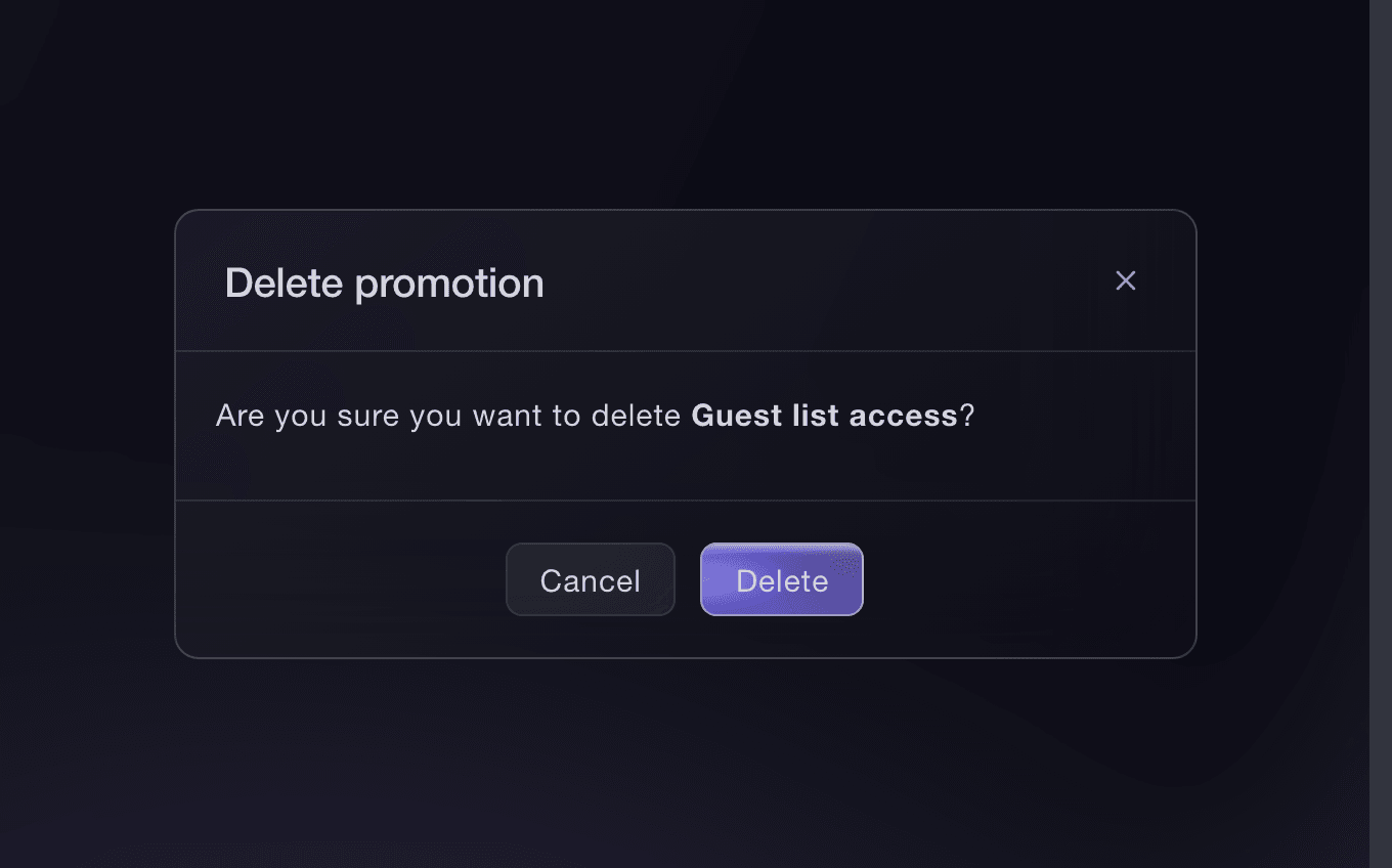 Ticket Fairy Delete promotion confirmation for Guest list access with Cancel and Delete actions