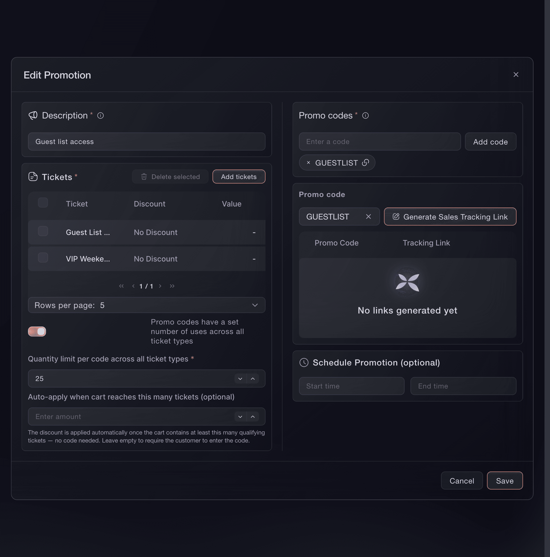 Ticket Fairy promotion editor with code GUESTLIST, No Discount, two hidden ticket types and a shared limit of 25