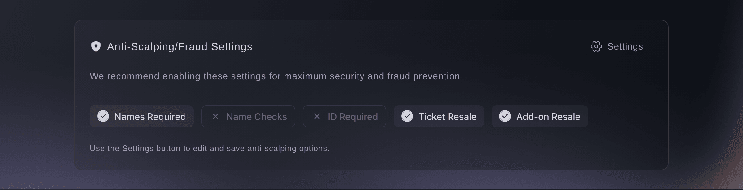Ticket Fairy Anti-Scalping/Fraud Settings card with Names Required, Ticket Resale and Add-on Resale ticked and a Settings button