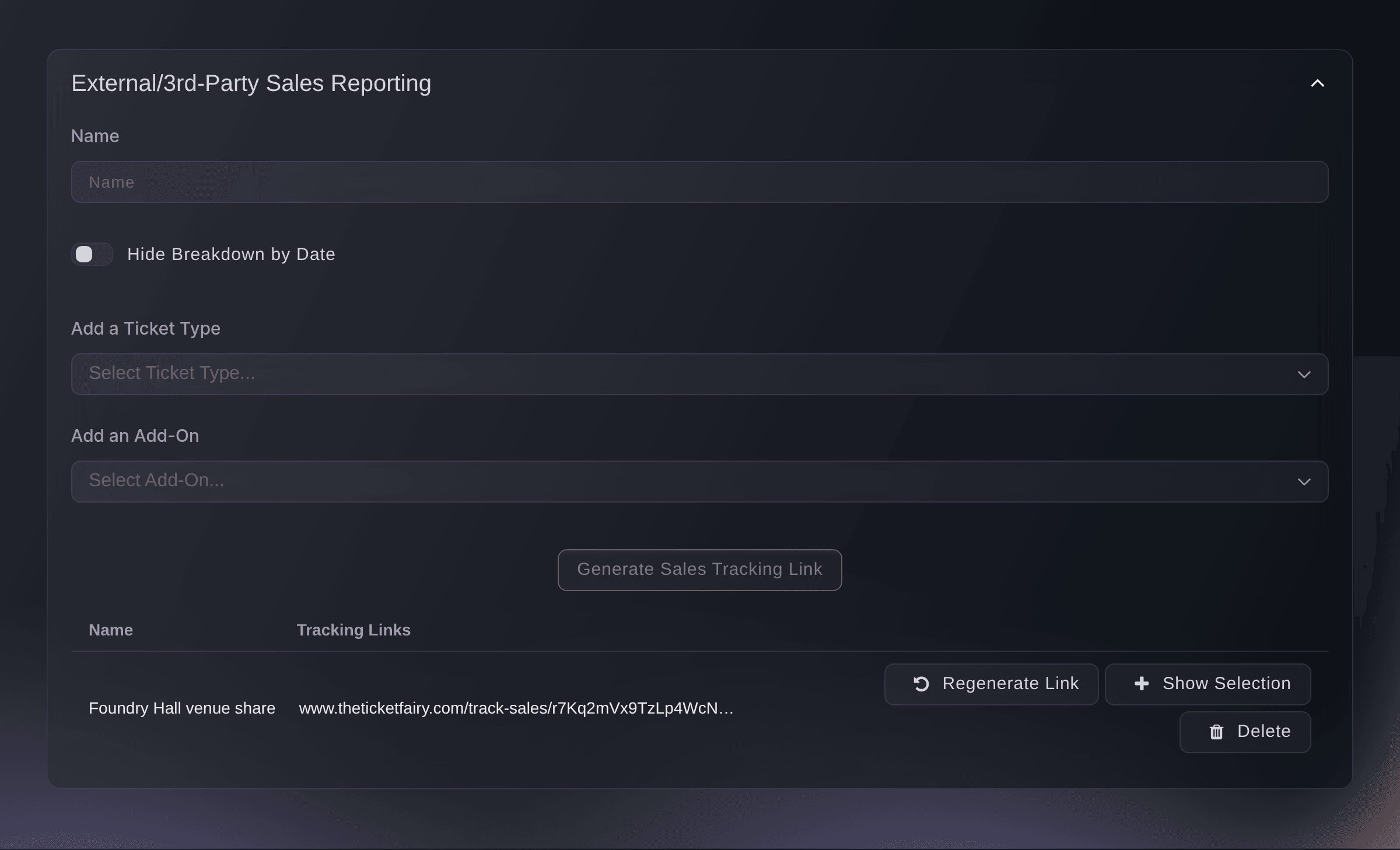 Ticket Fairy External/3rd-Party Sales Reporting section with the form to make a sales report link and a table holding one link