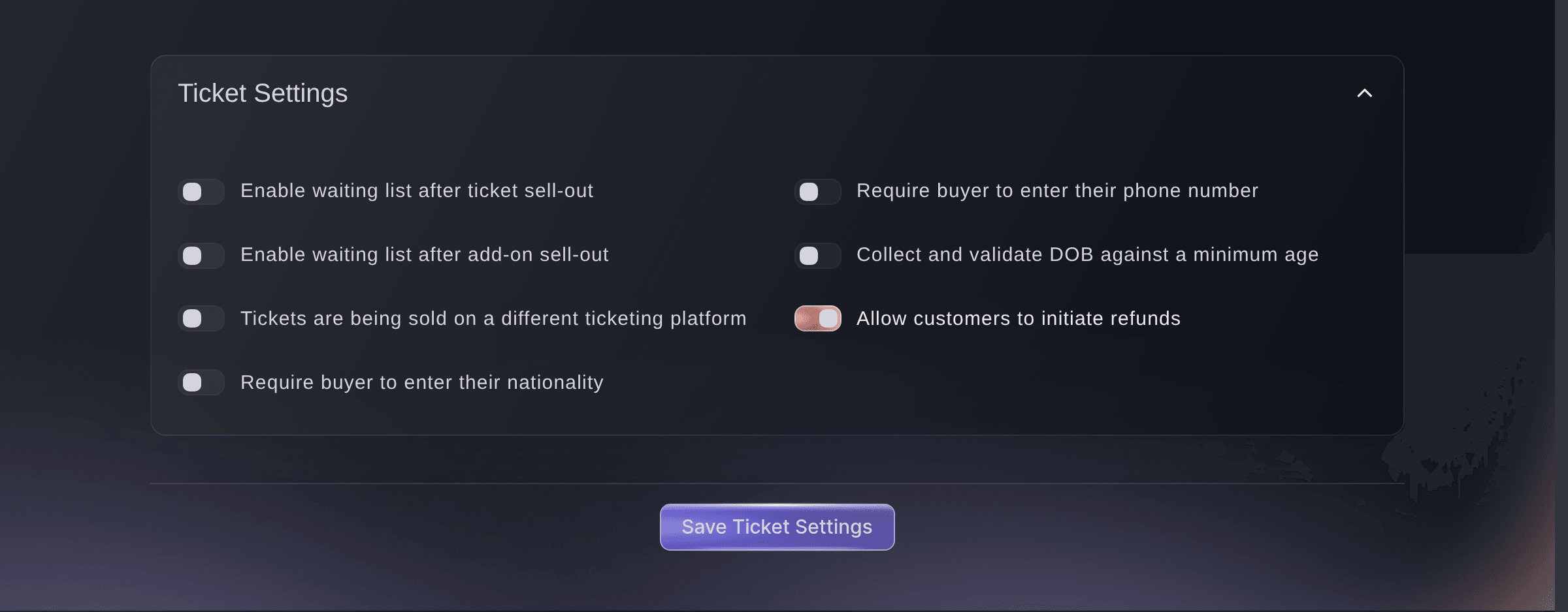 The Allow customers to initiate refunds switch on the event's ticket settings