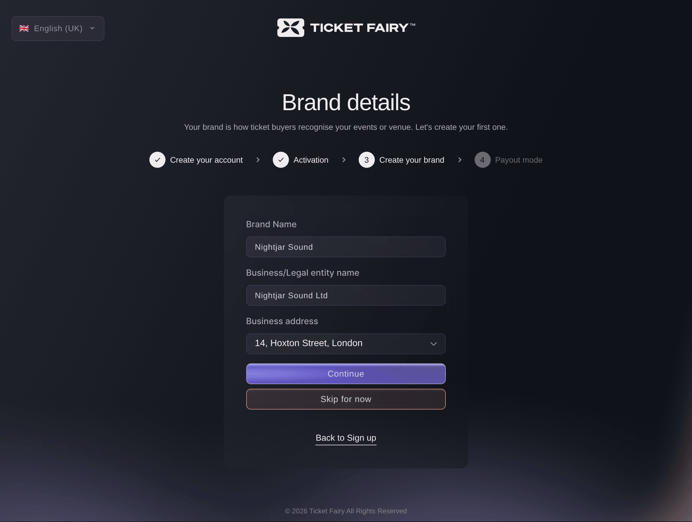 Ticket Fairy Brand details page with the brand name, the business name and a business address chosen from the list