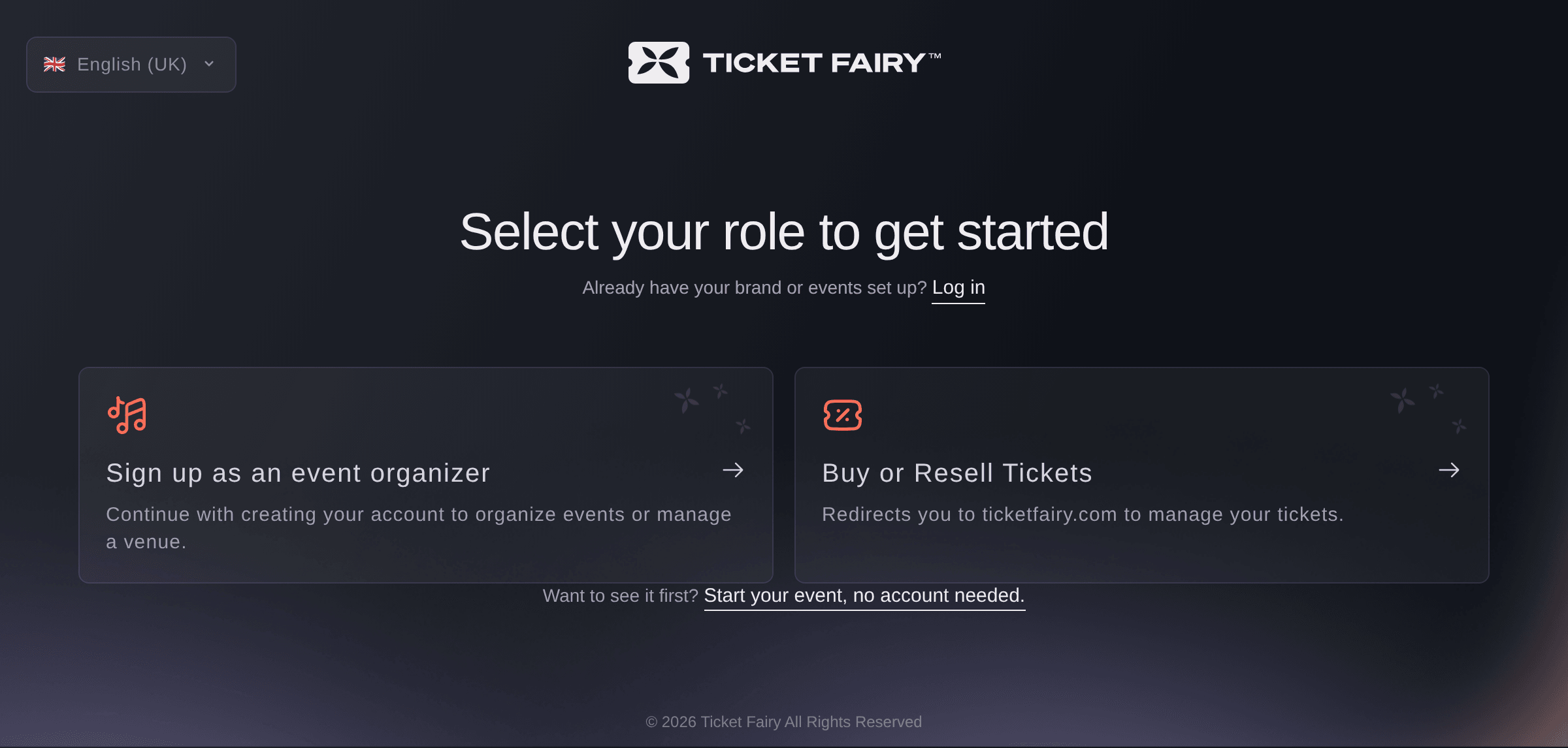 Ticket Fairy sign-up page asking you to select your role, with the event organiser card and the ticket buyer card