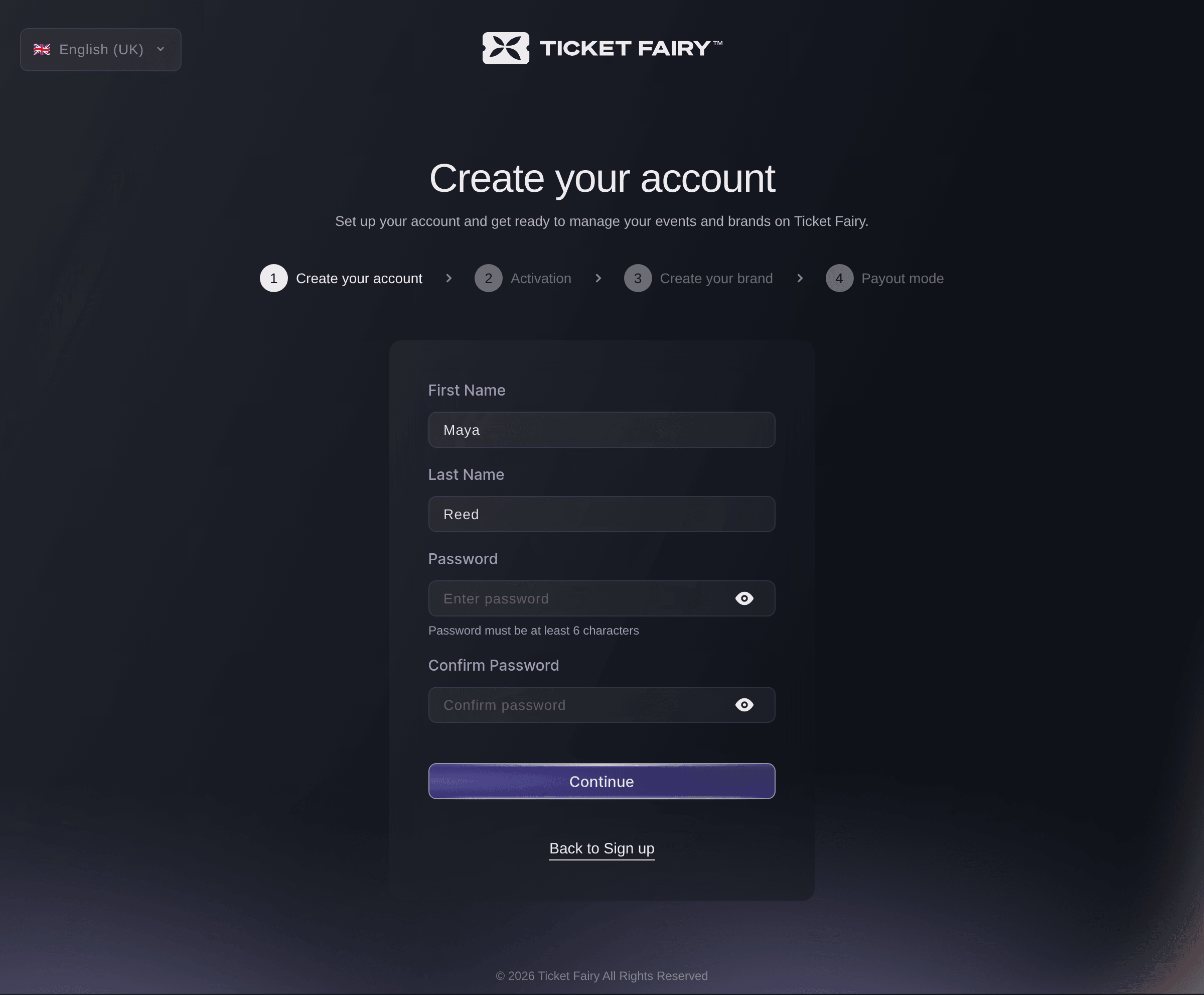 Ticket Fairy Create your account page with first name, last name, password and confirm password fields under the four sign-up steps