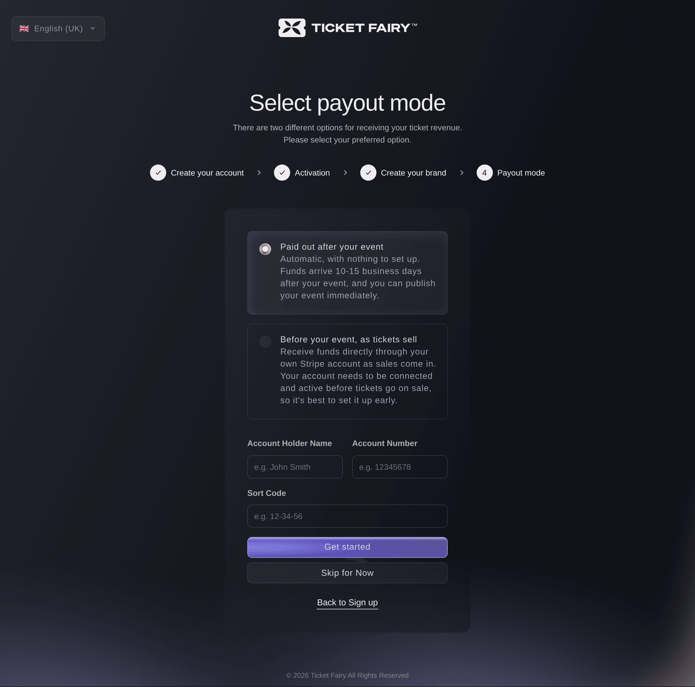 Ticket Fairy Select payout mode page with Paid out after your event chosen and the UK bank account fields below it