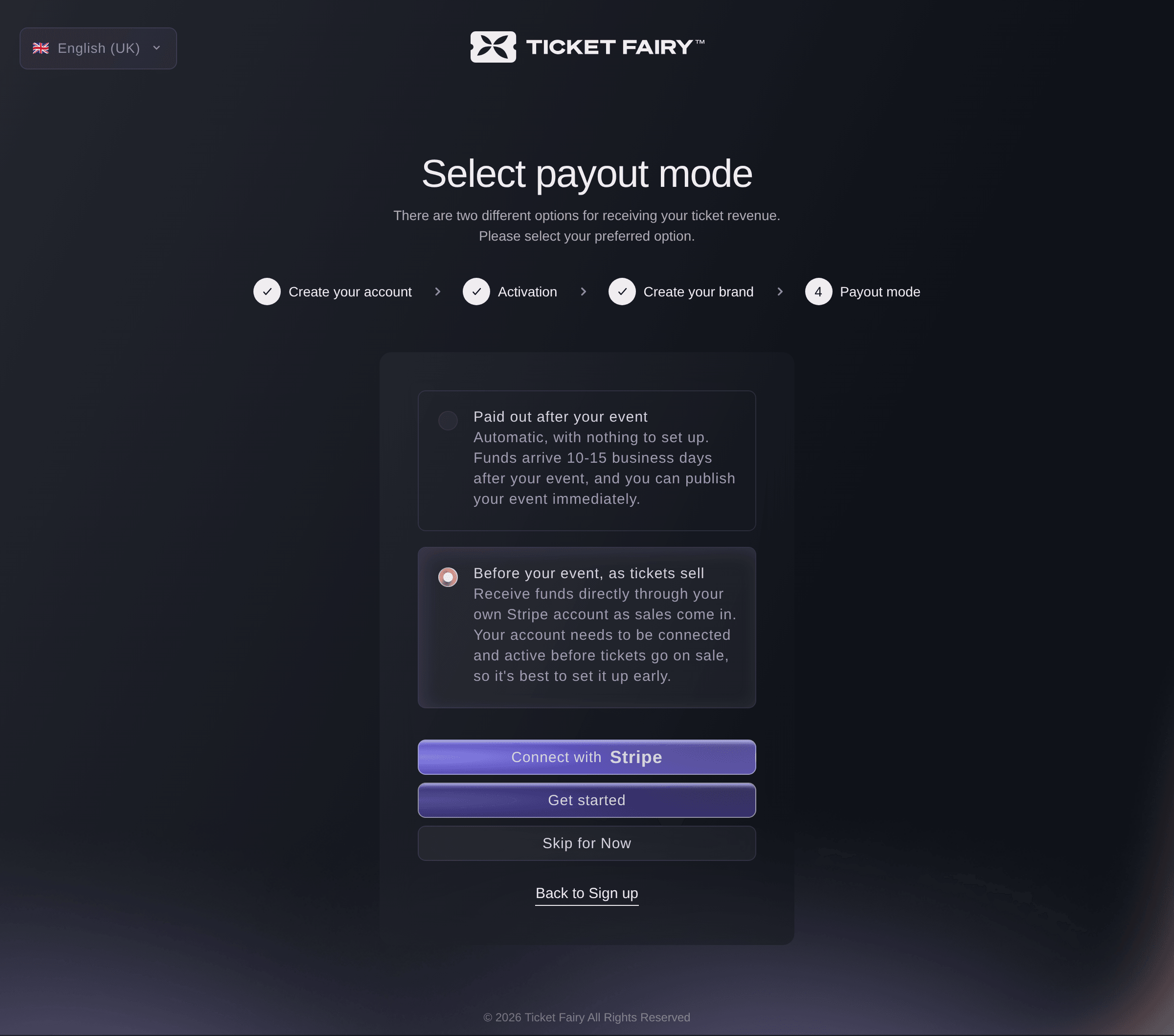 Ticket Fairy Select payout mode page with Before your event, as tickets sell chosen and the Connect with Stripe button