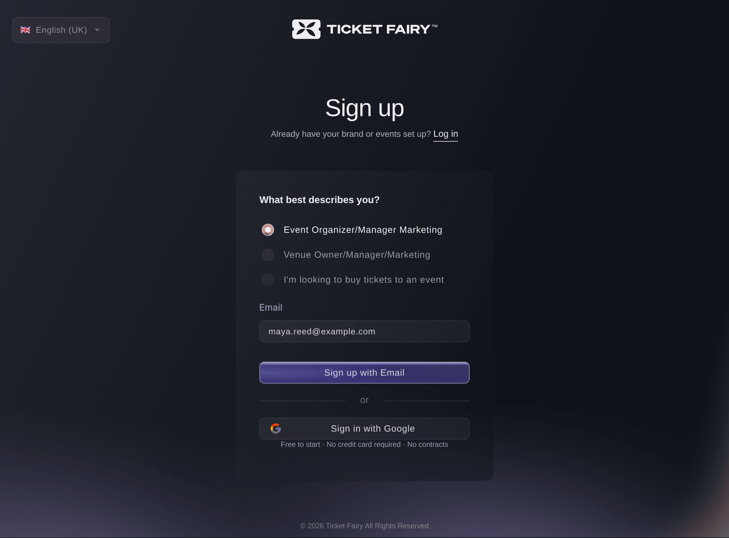 Ticket Fairy sign-up form with the event organiser answer chosen, an email address entered and the Sign up with Email button