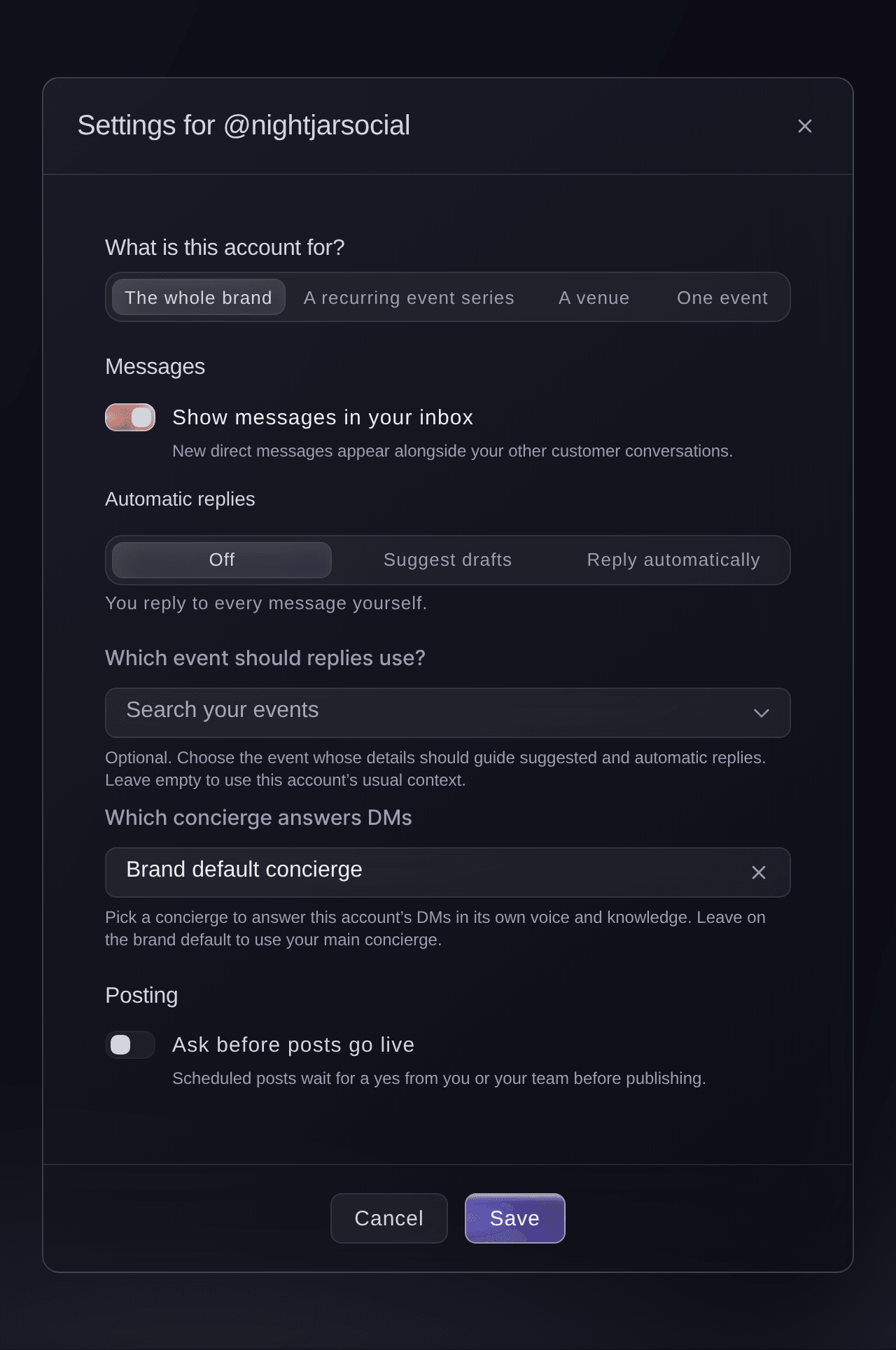 Diálogo de configuración de Ticket Fairy para una cuenta de Instagram conectada, con para qué es la cuenta, los mensajes, las respuestas automáticas y la aprobación de publicaciones