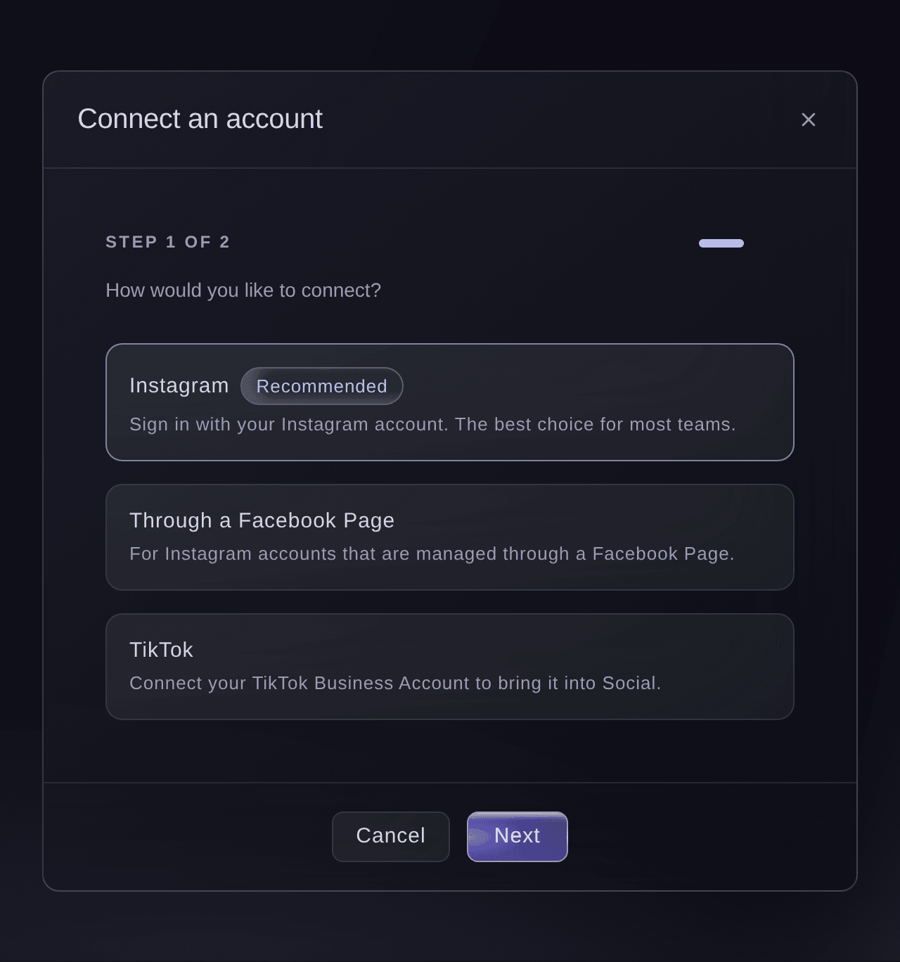 Diálogo Conectar una cuenta de Ticket Fairy con Instagram y la conexión a través de una página de Facebook