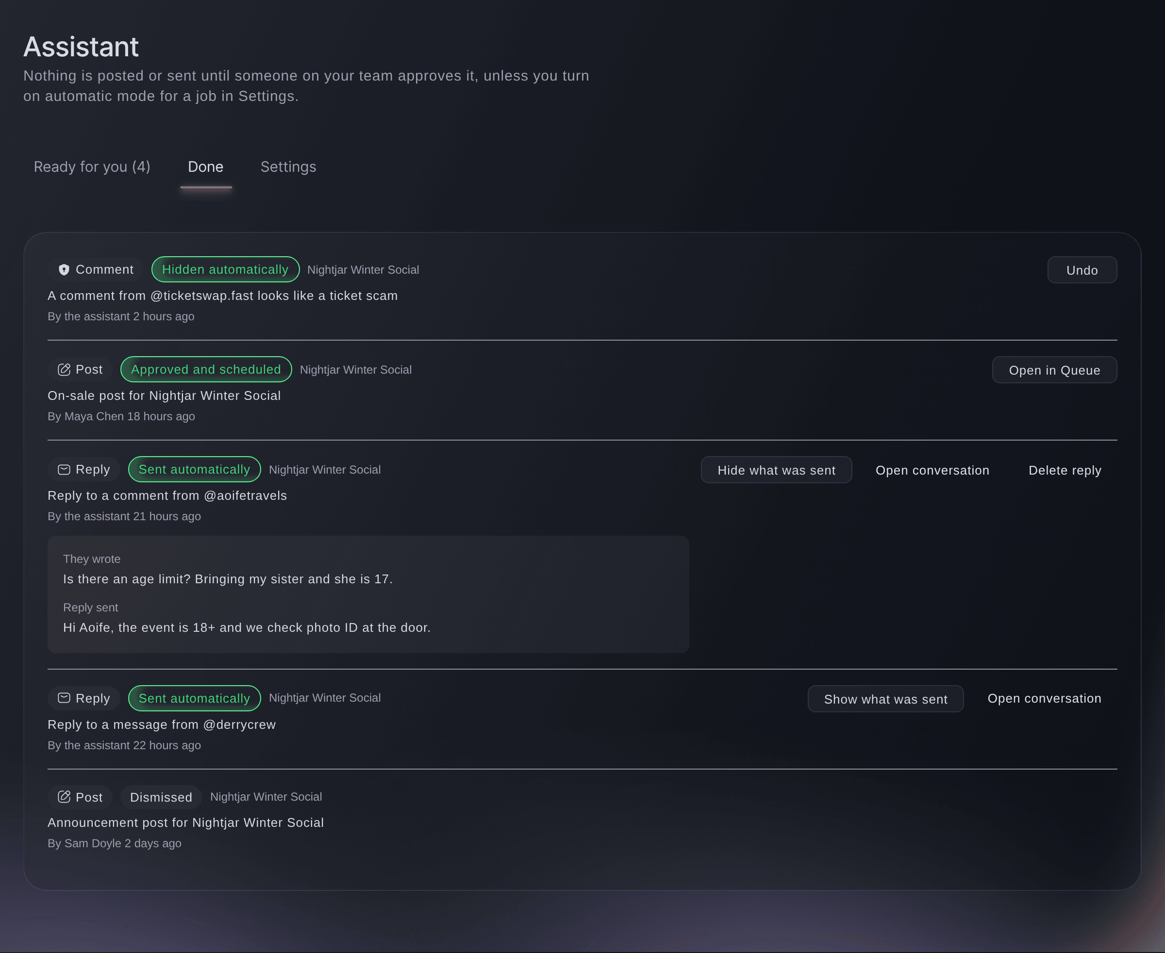 Ticket Fairy Social Assistant Done list with a scam comment hidden automatically and an Undo button, an approved post and replies sent automatically