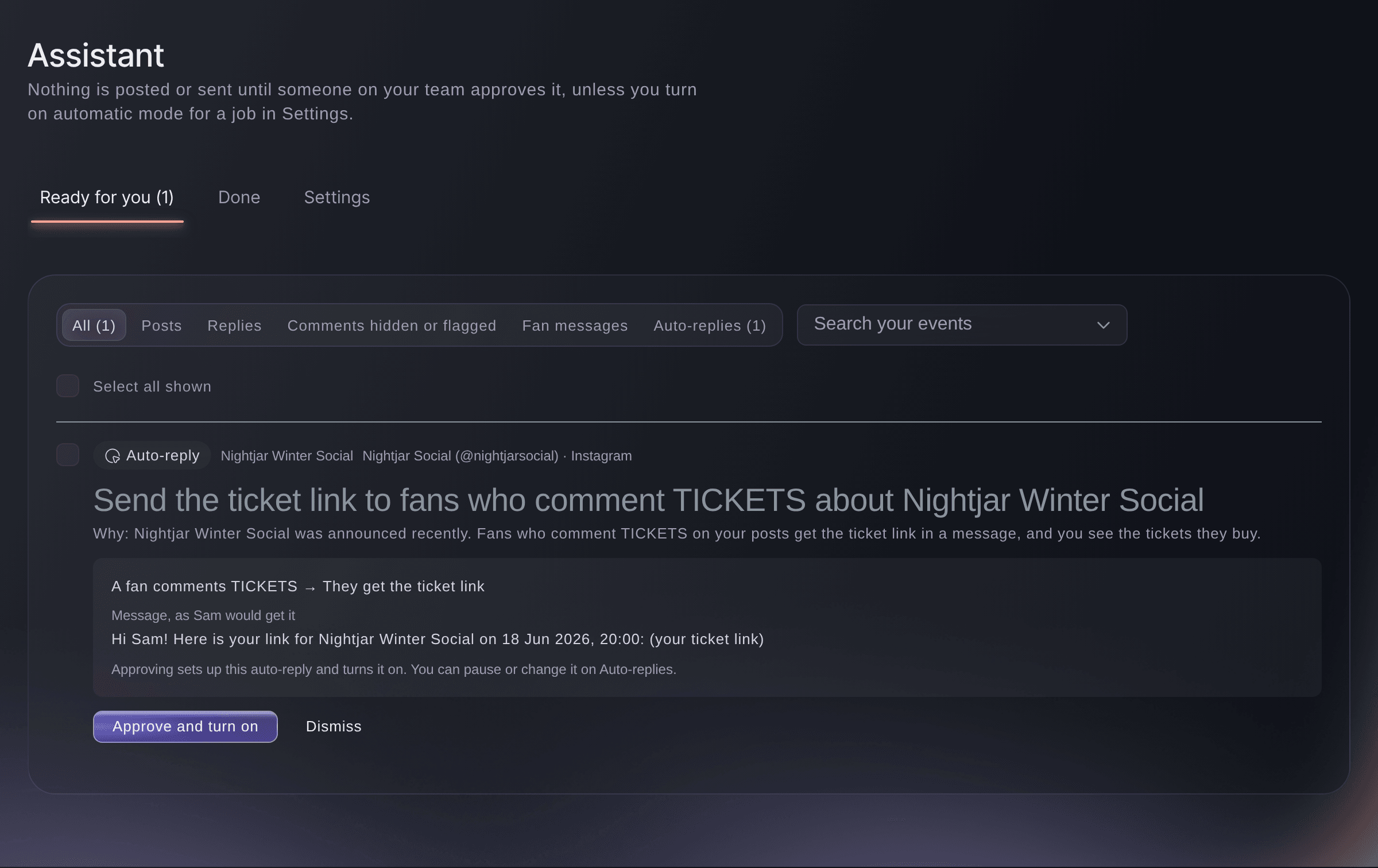 Ticket Fairy Social Assistant suggesting a ticket link auto-reply for fans who comment TICKETS, with the message a fan would get and an Approve and turn on button